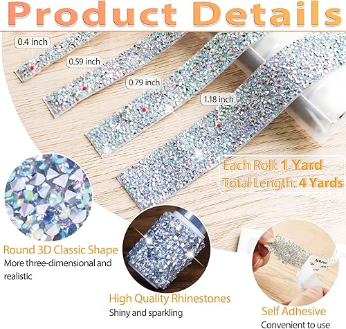 Miniatura 2 de 4 rollos de cinta con diamantes de imitación de cristal, cinta autoadhesiva, envoltura brillante para manualidades, ropa, botellas, pasteles,