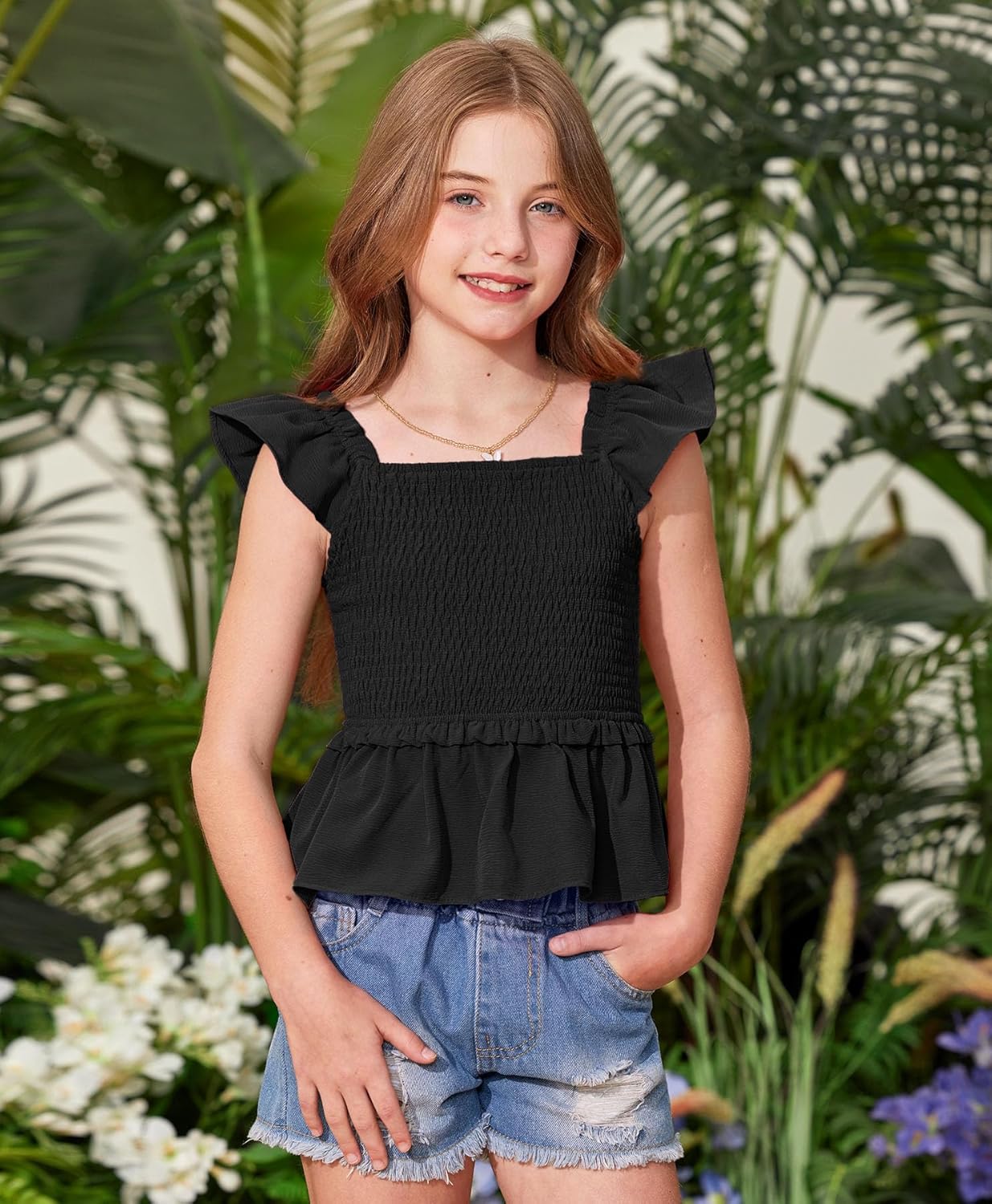 BesserBay Girls Summer Ruffle Cap Sleeve Square Neck Tank Top Peplum Hem Smocked Cute Babydoll Blouse 5-14 Years - Image 3