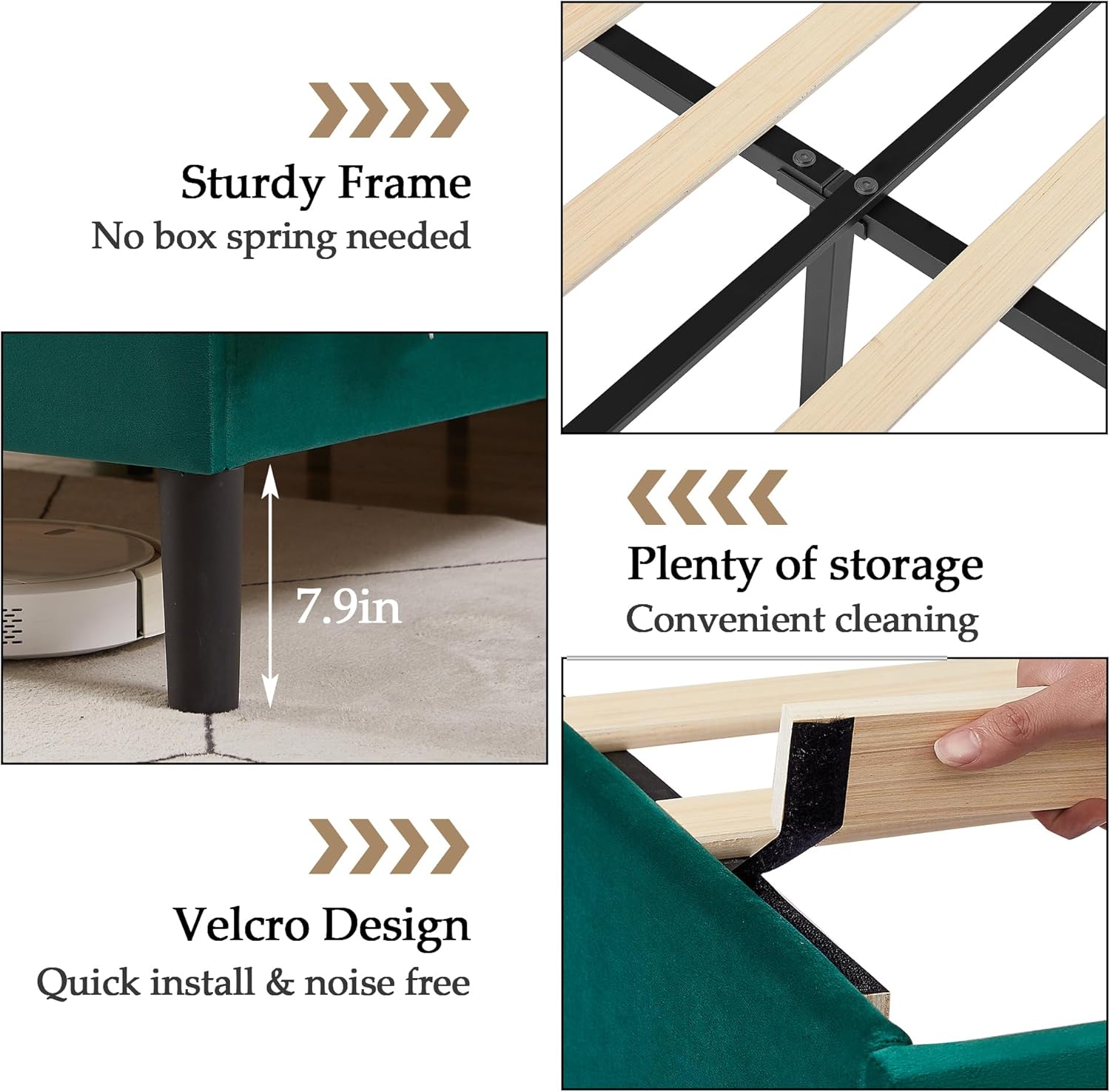 VECELO Queen Bed Frame, Platform Bed Frame with Adjustable Height Upholstered Headboard, Heavy-Duty Frame and Strong Wooden Slats Support, Non-Slip and Noise-Free, Easy Assembly, Dark Green - Image 5