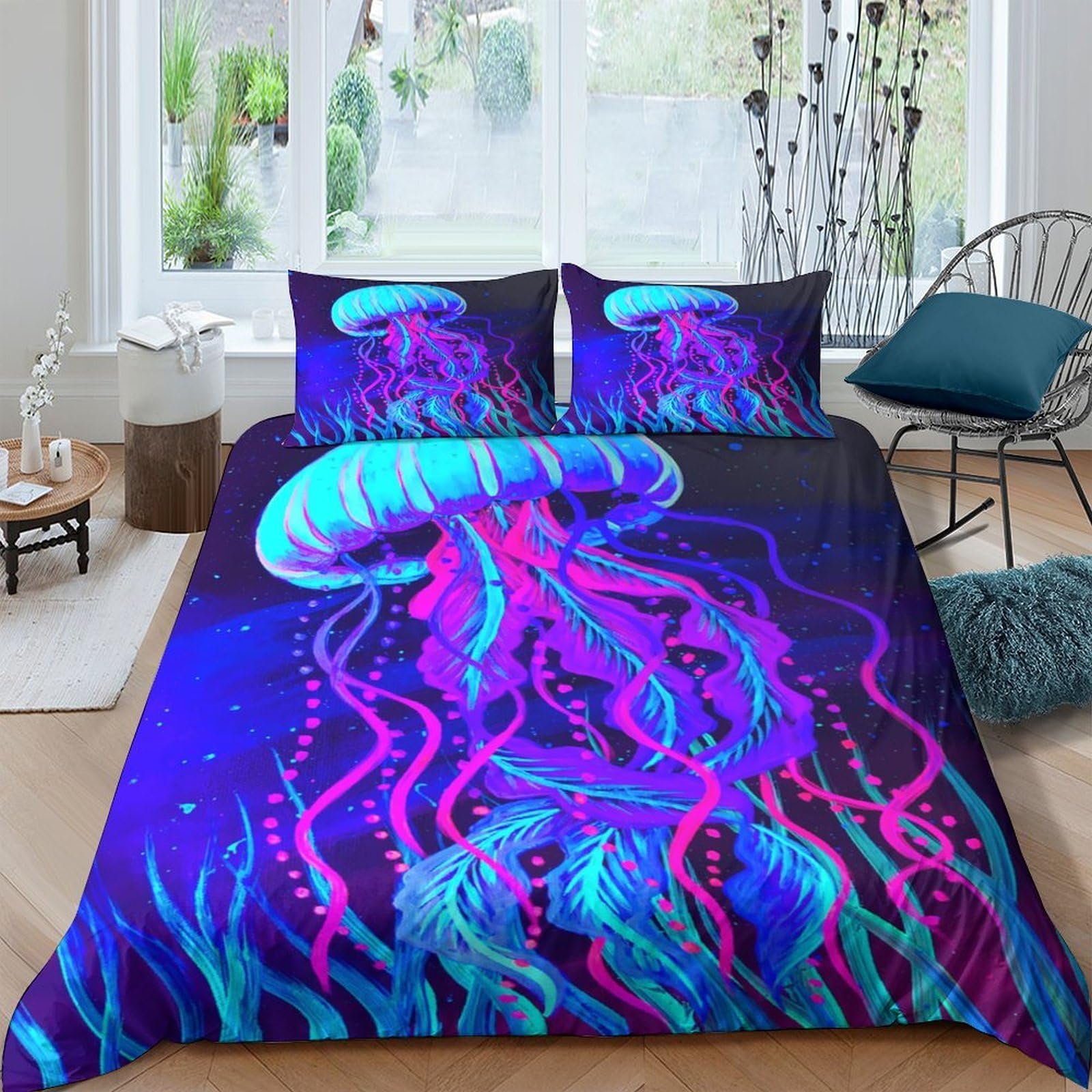 Ctjqhvkz Style-10 3D Printed Neon Jellyfish Fitted Sheet Microfiber Soft Breathable Ocean Mattress Cover For Bedroom Dorm Decor Single（135X200cm）