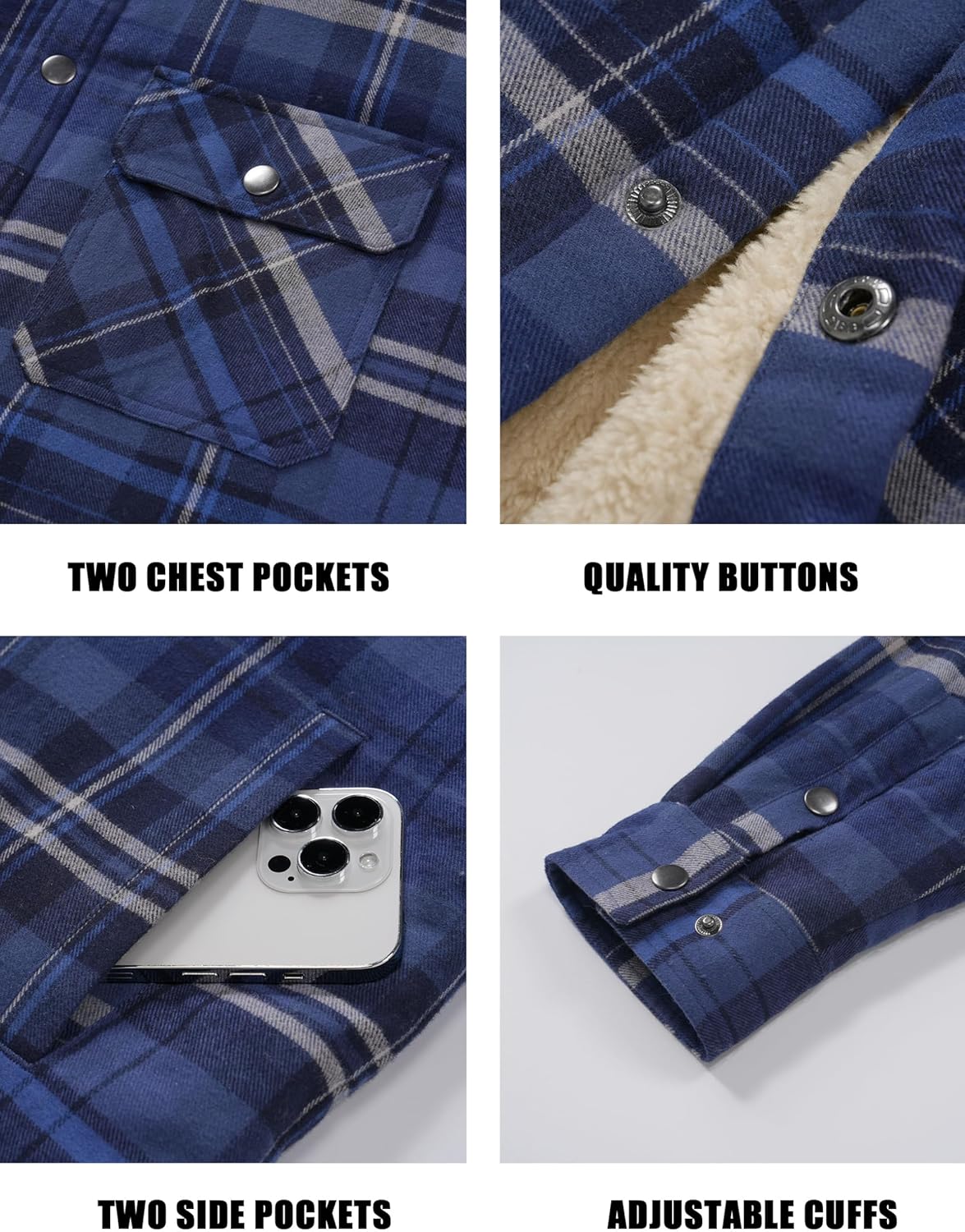 Cotrasen Flannel Jacket for Men with Hood Sherpa Lined Fleece Plaid Shirt Jacket Cotton Soft Warm Winter Coat with 5 Pokects - Image 5