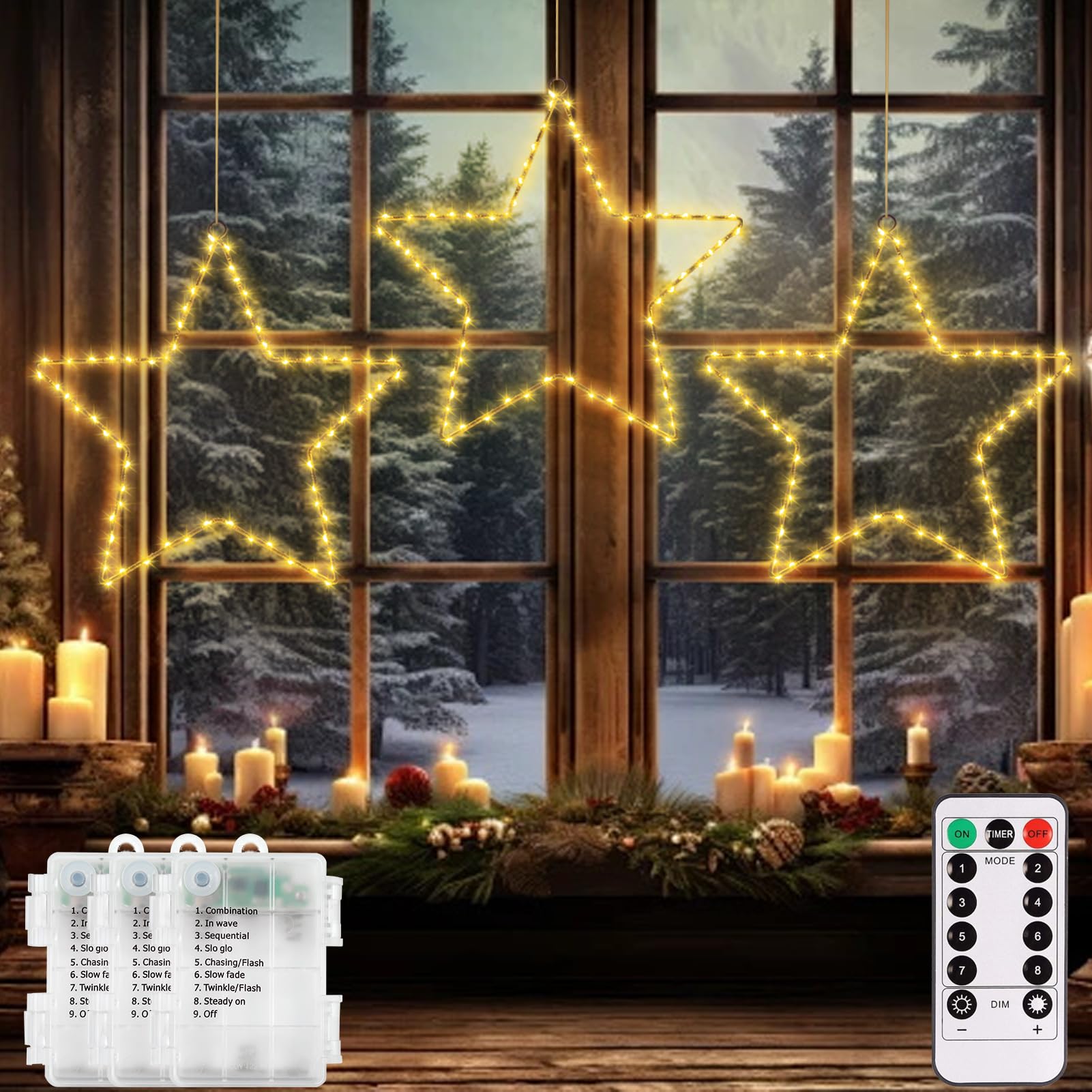 CCILAND 3 Stück LED Stern Lichter Weihnachtsdeko Fenster, 180 LED Sterne Weihnachtsbeleuchtung Batteriebetrieben mit 8 Modi Timer Weihnachtsstern Beleuchtet für Weihnachten Hochzeit Deko (Warmweiß)