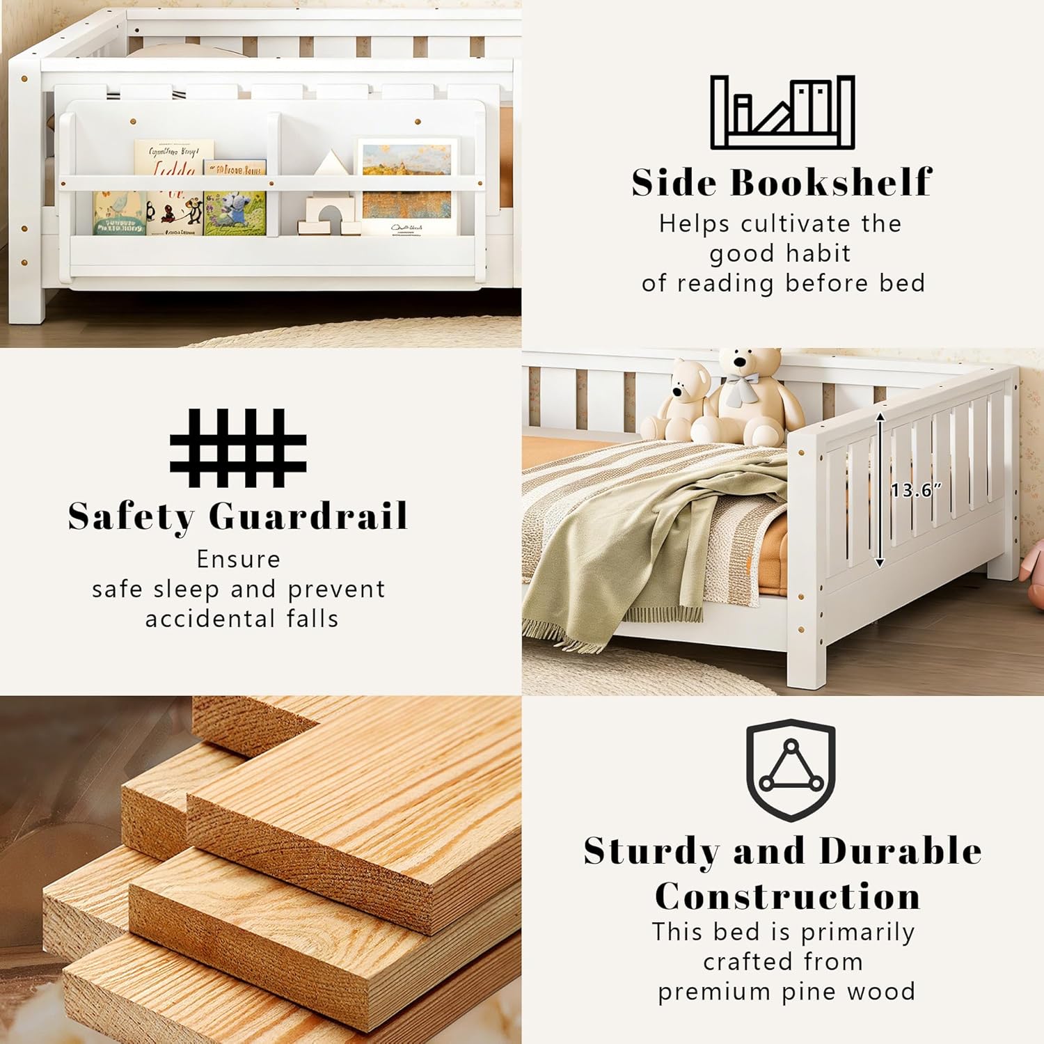 Bellemave Full Size Montessori Floor Bed Frame, Kids Floor Bed Full with Bookshelf and Safety Guardrails for Girls Boys, White