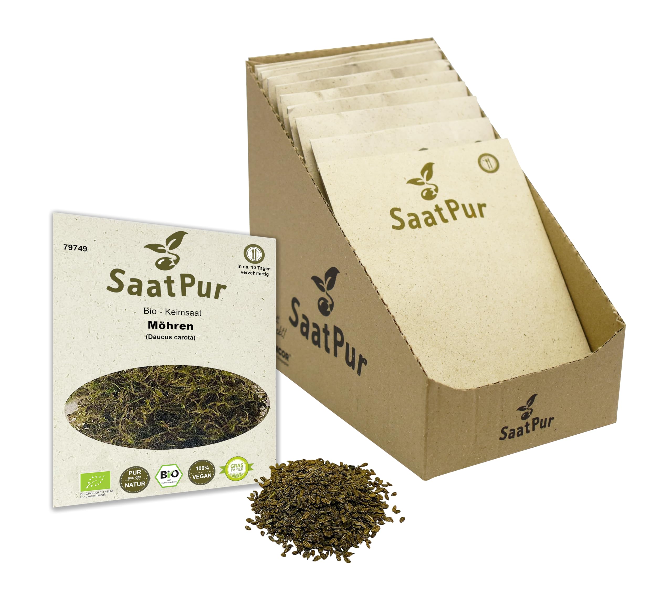 SaatPur Bio Keimsprossen - Möhren Sprossen Keimsaat, Microgreenn - Kleines Tray mit 20 Portionstüten je 15g