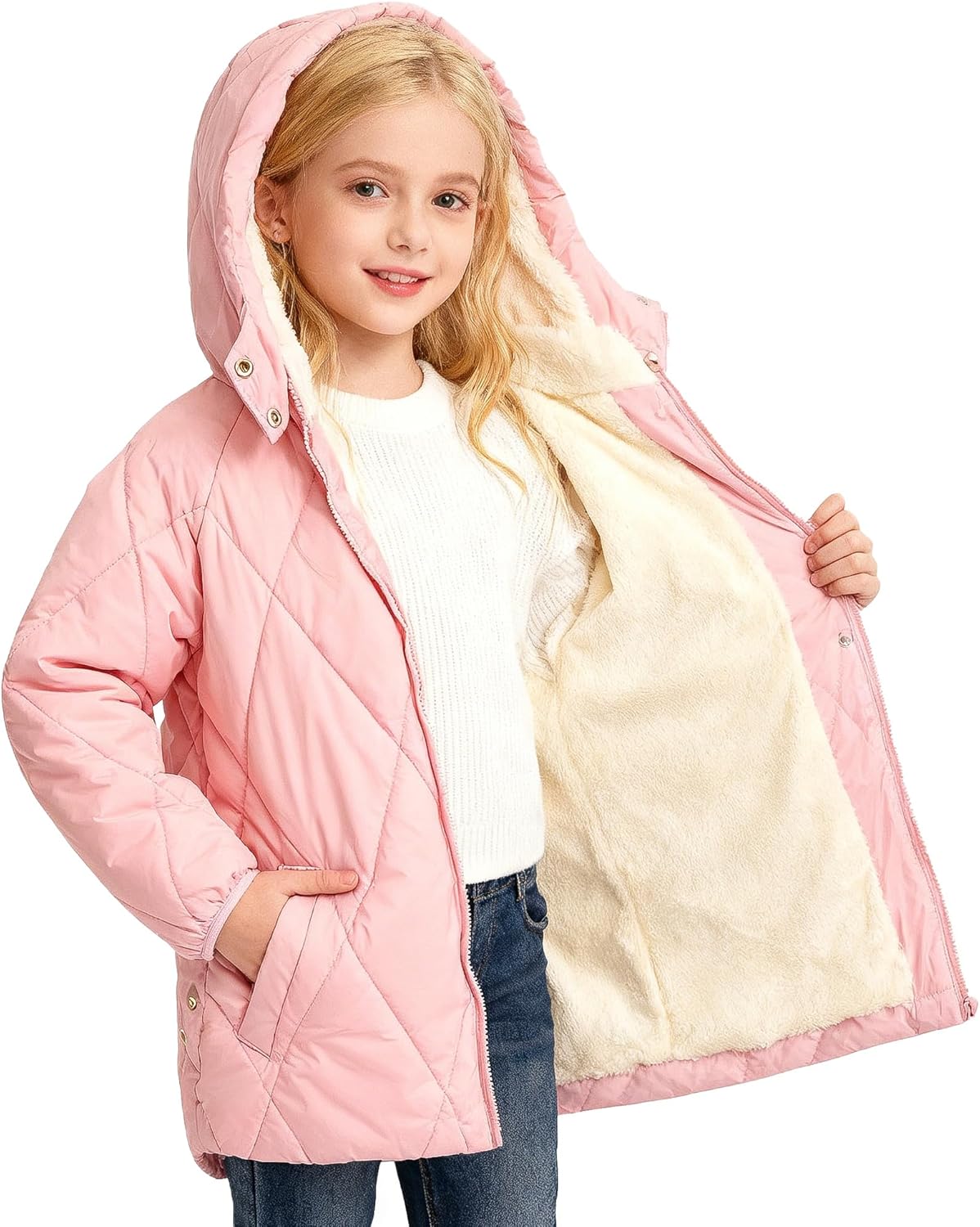 Funnycokid Girls' Winter Coat Sizes 5-12 Puffer Jacket Warm Windproof Waterproof Fleece-Lined Hooded Kids' Outerwear