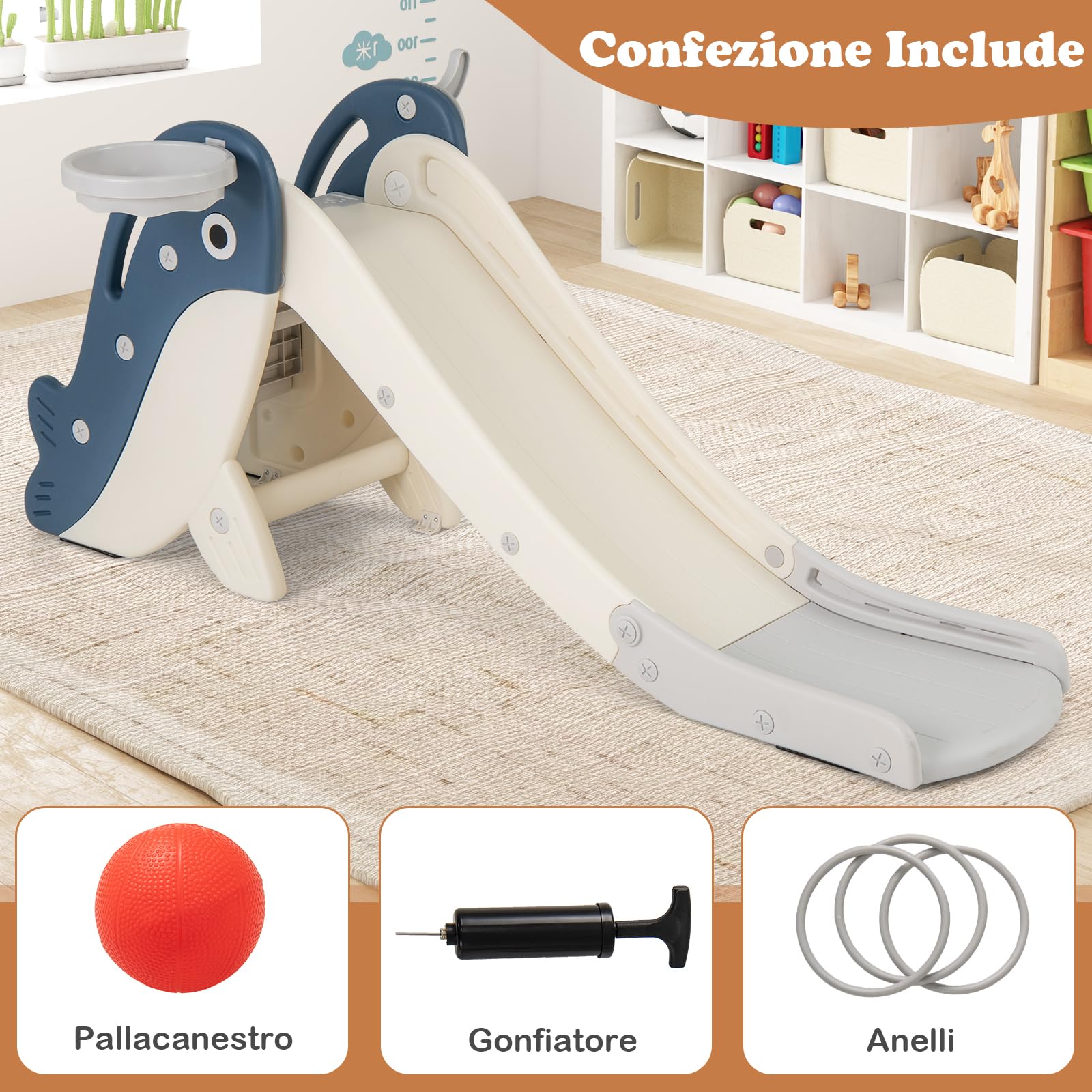 COSTWAY 4 in 1 Scivolo per Bambini, Set da Giocattolo Arrampicata con Canestro da Basket Lancio Palla ed Anelli, Scivolo Pieghevole da Interno ed Esterno per Bambini 3 Anni +
