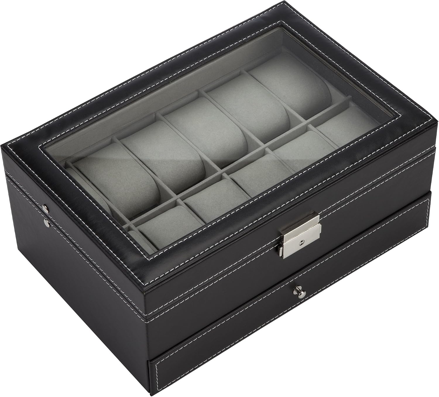 Readaeer 12 Slot PU Leather Watch Box Display Case 2 Layer Jewelry Organizer with Glass Top