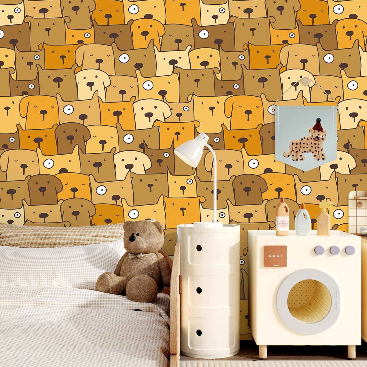 Dog Wallpaper Peel and Stick Fun Wallpaper Animals 17.5"x102" Dog Wall Paper for Kids Bedroom Playroom Nursery Brown Contact Paper for Stairs Puppy Wall Decor Funny Wallpapers Vinyl Wrap