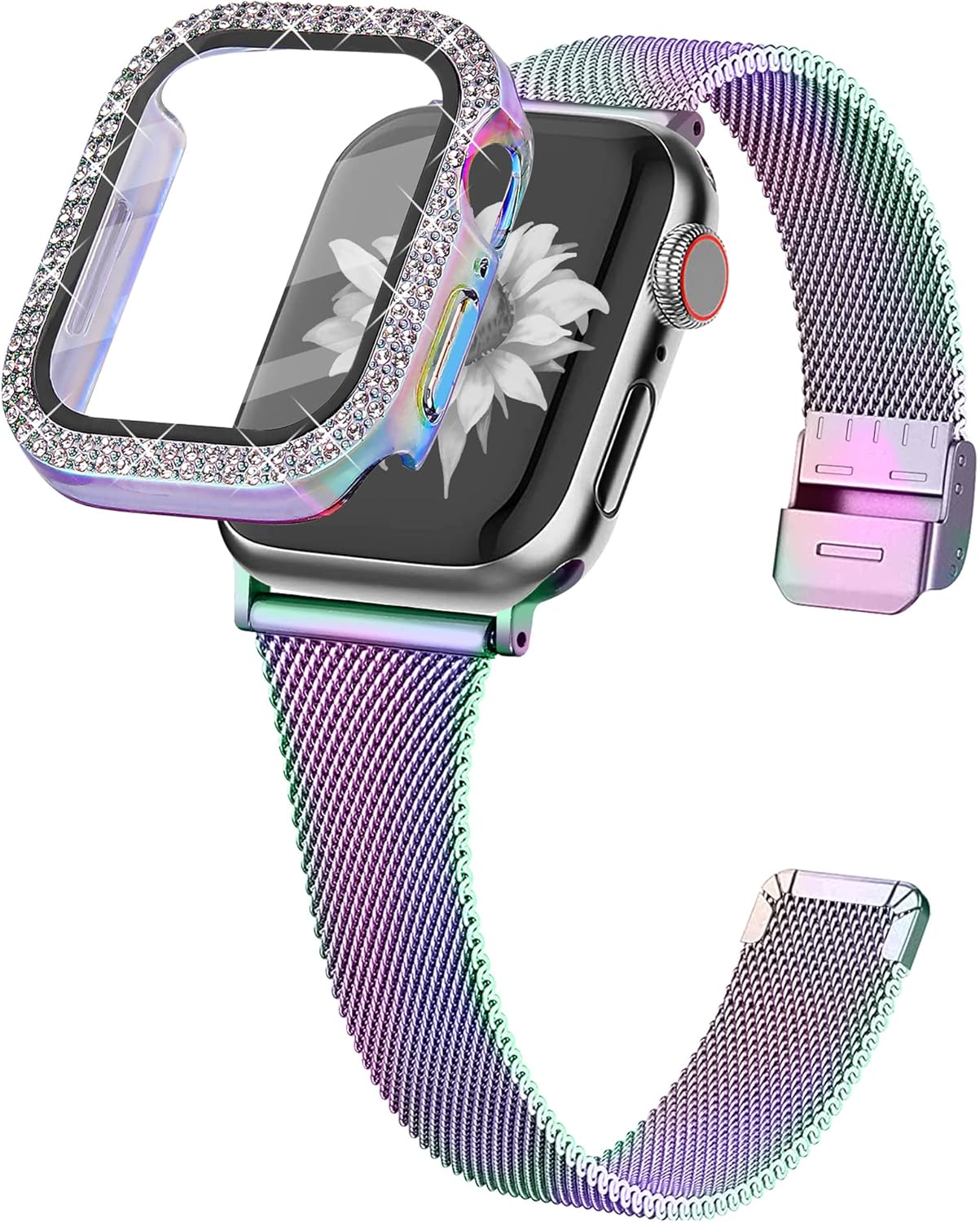 Joyozy Slim Stainless Steel Band Compatible with Apple Watch 38mm 40mm 41mm 42mm 44mm 45mm 46mm Milanese Strap with Bling Glitter Case Built-in Screen Protector Dressy Bracelet Band for Women(Rainbow 45mm)