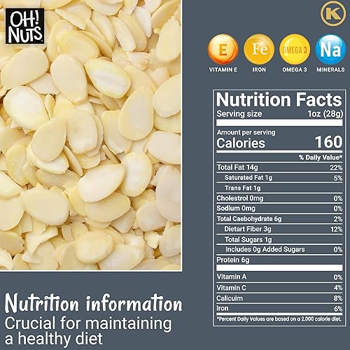 Miniatura 2 de Oh! Nuts Almendras blanqueadas en rodajas  crudas  100% naturales  2 libras  Almendras altas en proteínas  Envasadas en bolsa de cierre de