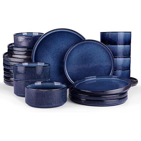 famiware Star Plates and Bowls Sets, Modern Stoneware Dinnerware Sets for 8, 24-Piece Kitchen Dish Set - Microwave and Dishwasher Safe, Chip and Scratch Resistant, Nebulas Blue