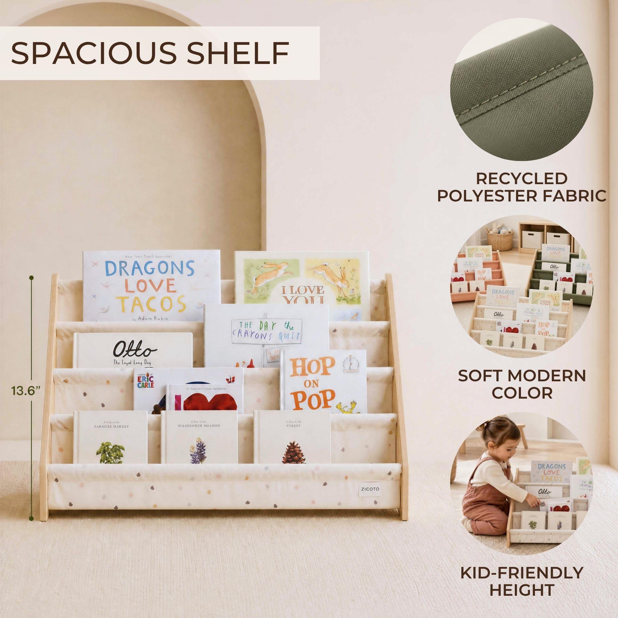 ZICOTO Estantería decorativa para niños, hermoso estante para mostrar todos los libros, organizador perfecto para habitación Montessori de bebé o niño, decoración de sala de juegos