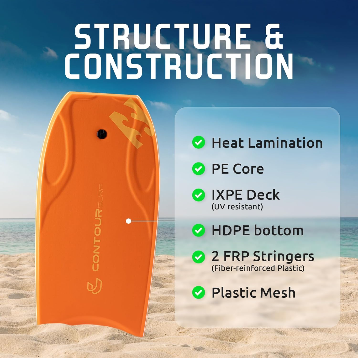 Billabong x CONTOUR SURF 42'' Body Boards for Beach Pool Lightweight PE Core IXPE Deck HDPE Bottom FRP Stringers High Performance Body Board with Double Swivel Surf Leash Lightning Tangerine