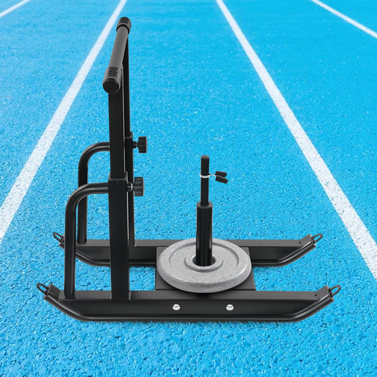 Trineo de fitness ajustable de acero con 5 niveles de altura, soporta hasta 200 kg, para entrenamiento de fuerza y velocidad, trineo de empuje y tracción con correas para el hombro