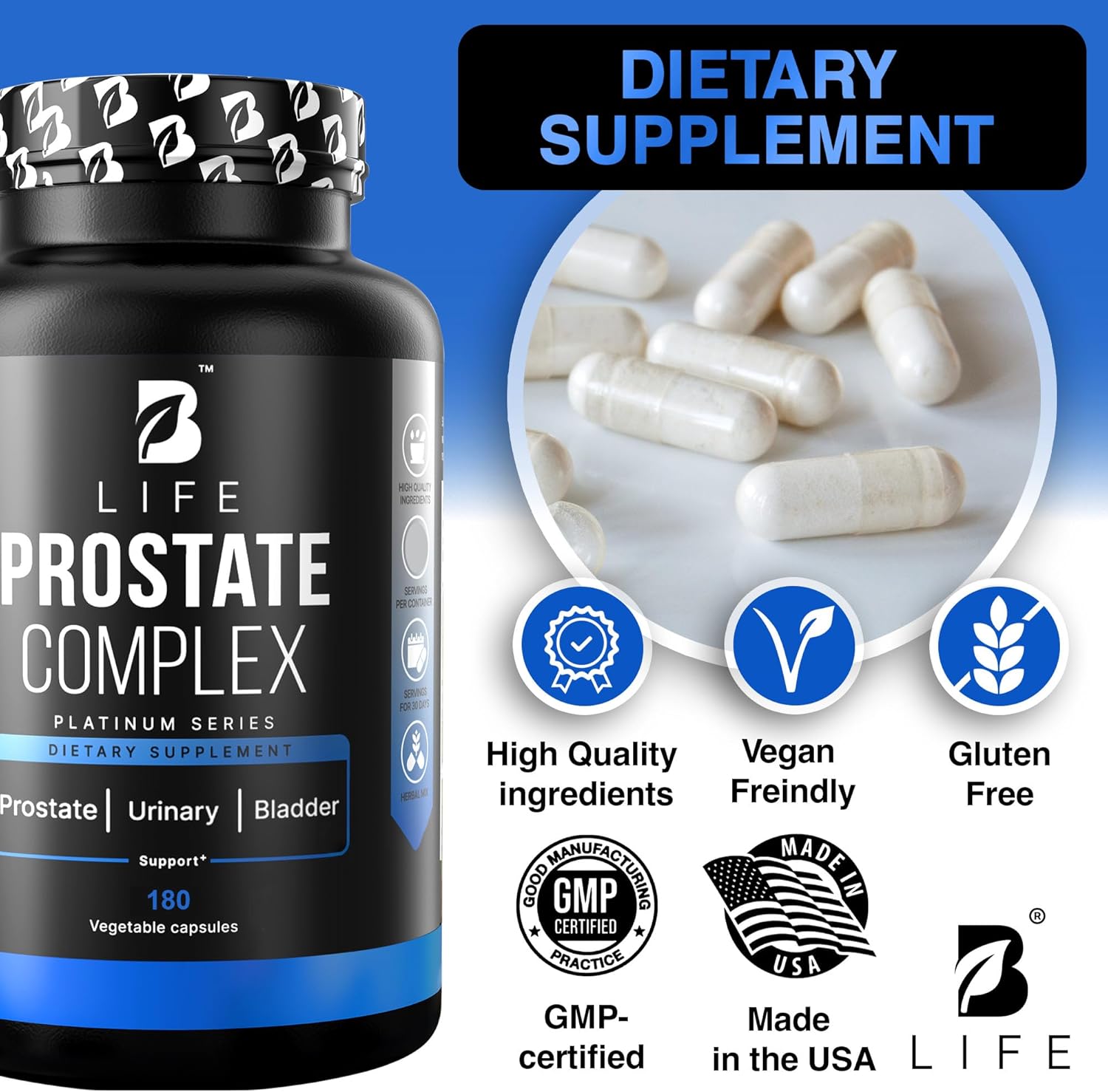 Prostate Supplement for Men 180 Caps with Saw Palmetto, Pumpkin Seeds Extract, Stinging Nettle. B Life Prostate Complex (Prostate Platinum)