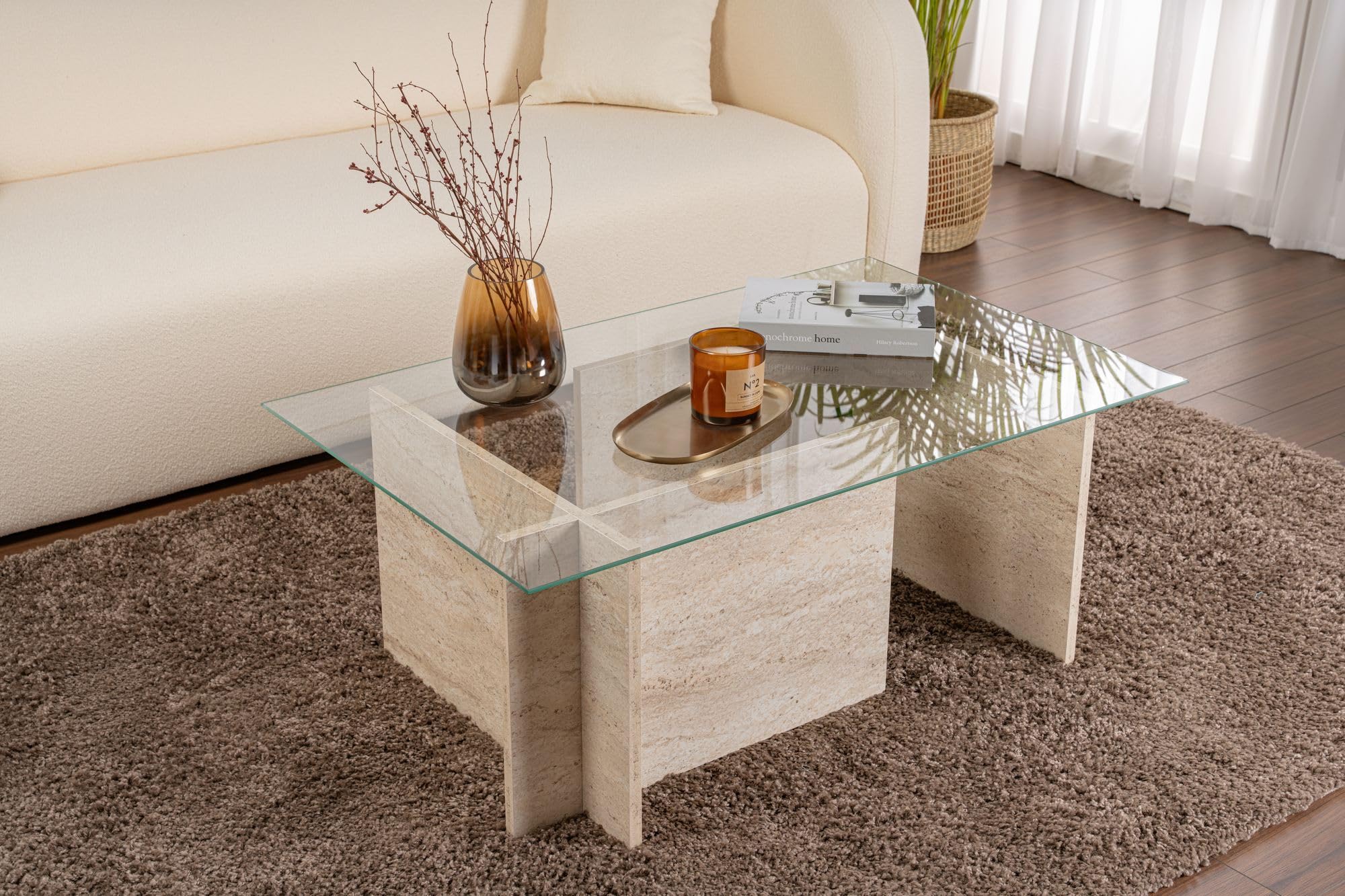Hanah Home Elegante Mesa de café, Color travertino, 105 x 65 x 40 cm, 100% Vidrio Templado y melamina, Tablero de partículas Recubierto de melamina, 18 mm de Grosor, diseño de mármol Elegante para