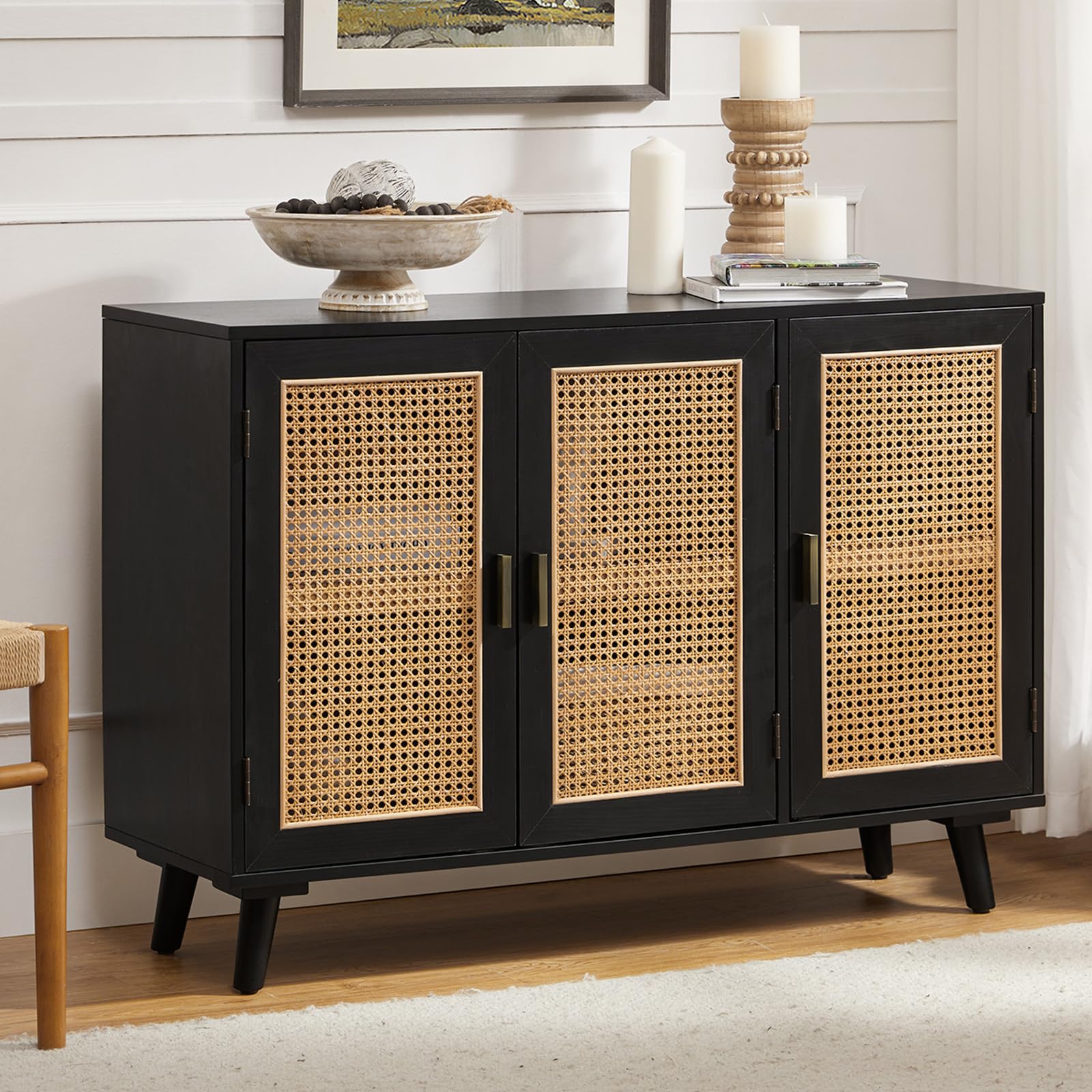 HULALA HOME Storage Cabinet with 3 Natural Rattan Doors and Adjustable Shelves, Wooden Sideboard Buffet Cabinet with 2-Tier Storage and Solid Wood Legs for Living Room and Dining Room, Black