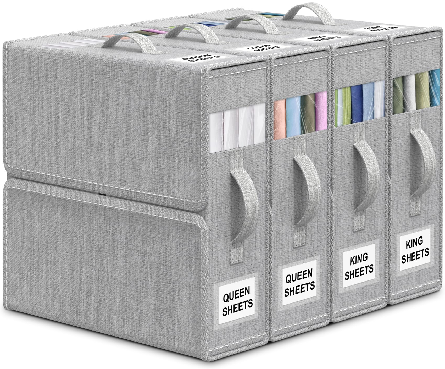 Bed Sheet Organizers and Storage, 4 Pack Foldable Sheet Storage Box Linen Closet Organizer for Queen/King Size Bedding Sheets, Duvet Covers, Towels, Blankets and Pillow Cases (Grey)