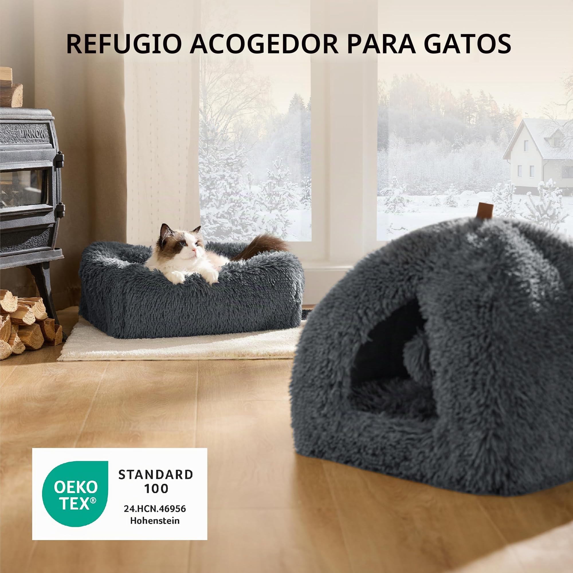 Bedsure Cama Cueva Gato Iglú - Casa Gato Esponjosa, 40x40cm | Cojín Extraíble Lavable, Cama Mascota Plegable Portátil, Peluche Suave, Gris Oscuro