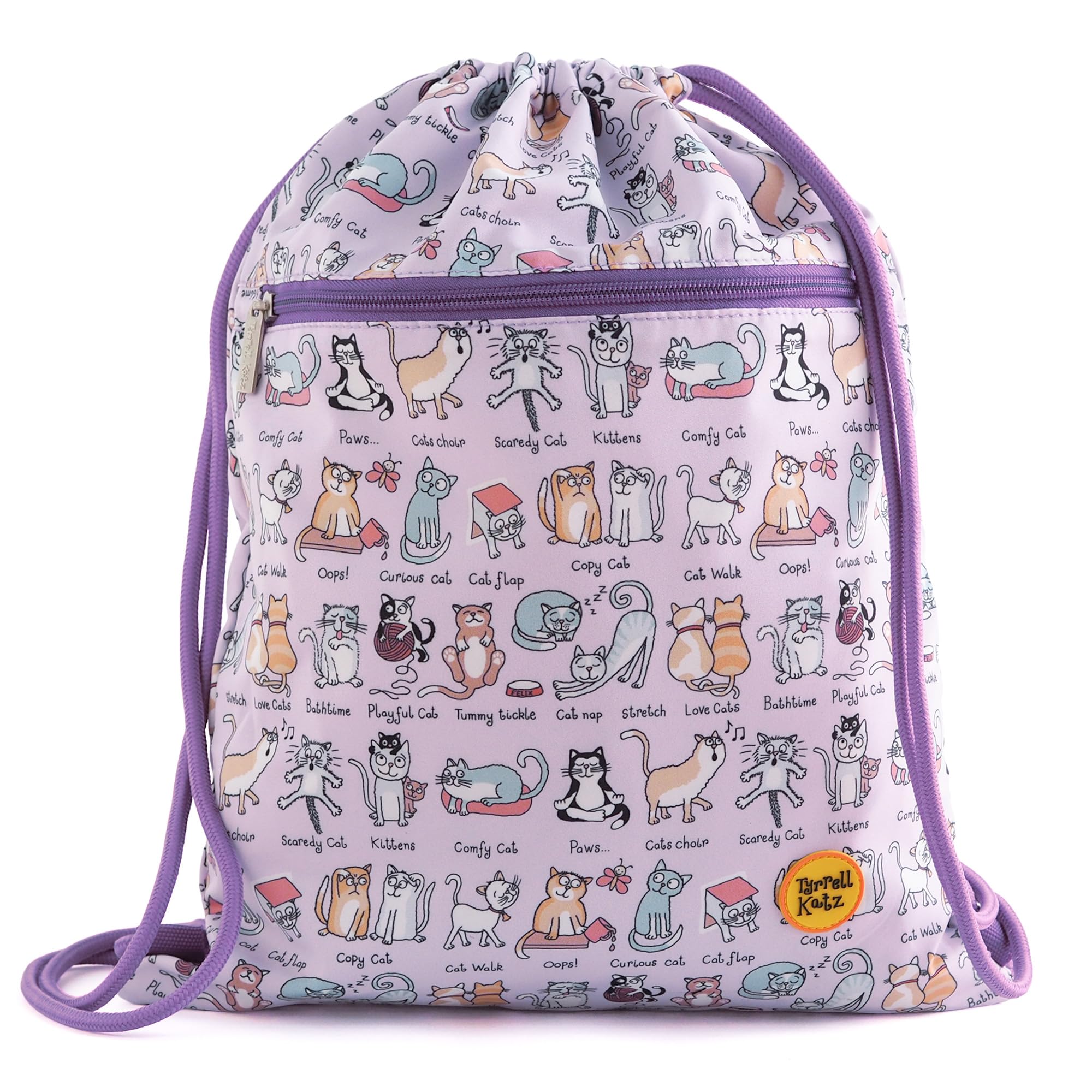 Tyrrell Katz Kids Cats Theme Drawstring Bag, Lilac, Waterproof, PE Kit School Gym Swim Sports Bag for Boys & Girls