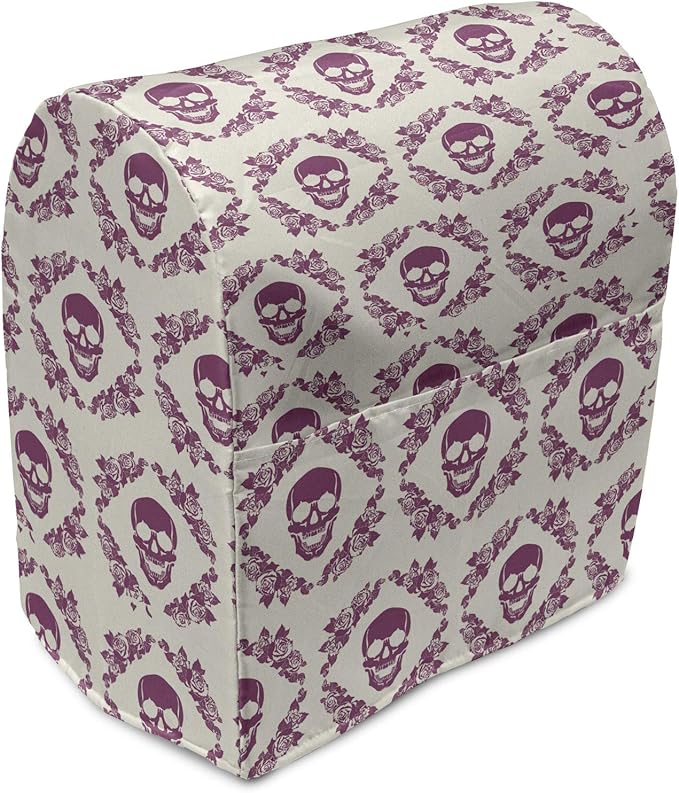 Ambesonne Sugar Skull Stand Mixer Cover, Monochrome Style Calavera Inspired Surround by Circular Floral Wreath Print, Kitchen Appliance Organizer Bag Cover with a Pocket, 6-8 Quarts, Fuchsia Cream