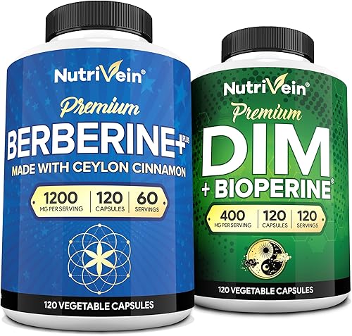 Nutrivein Paquete de suplementos premium DIM y berberina suplemento de berberina y DIM de alta absorción con bioperina - para equilibrio hormonal,