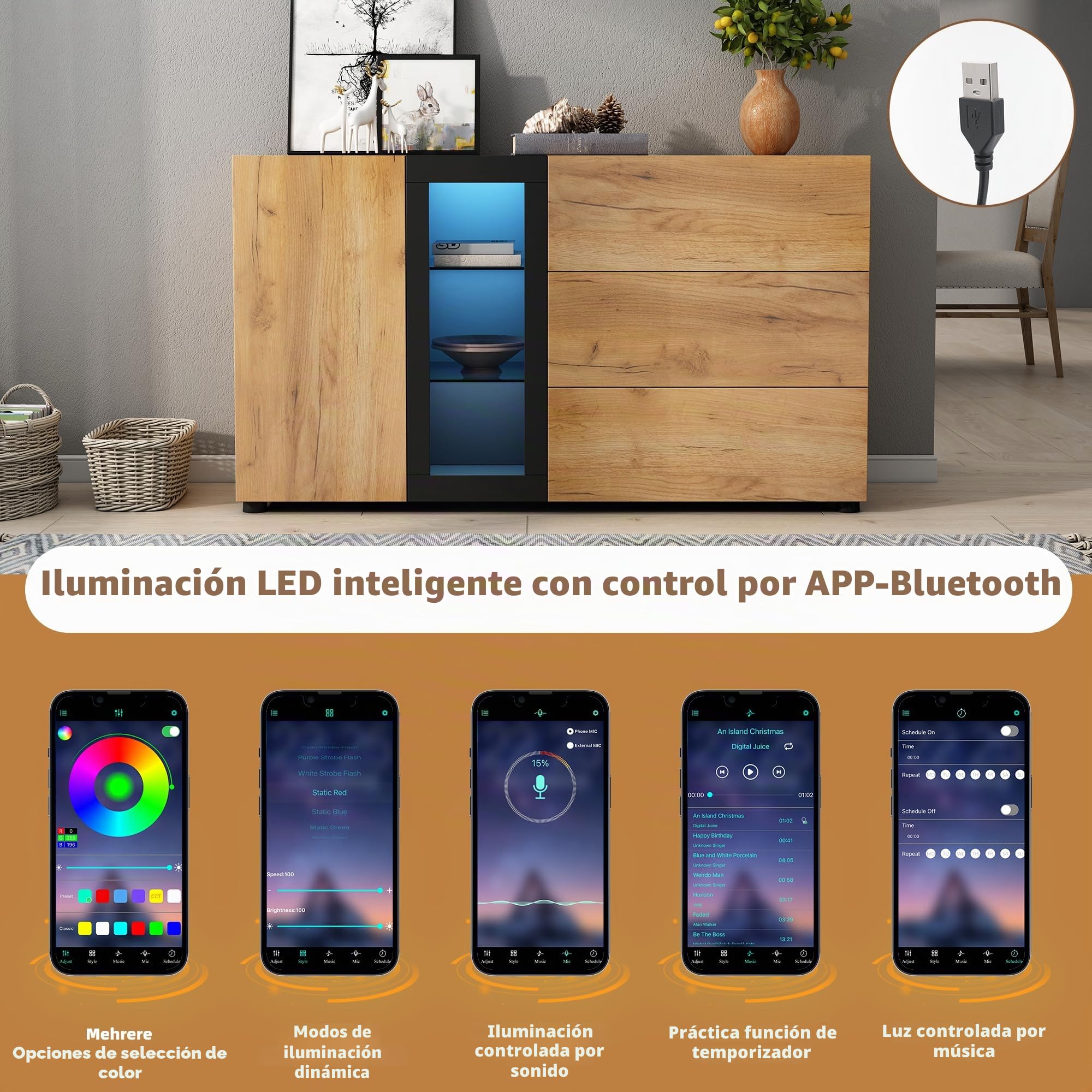 Merax Aparador con vitrina LED, moderno, con 1 puerta, 3 cajones, estantes de cristal, armario de salón, armario de pie, mueble de TV, armario de cocina para salón, comedor, marrón y negro