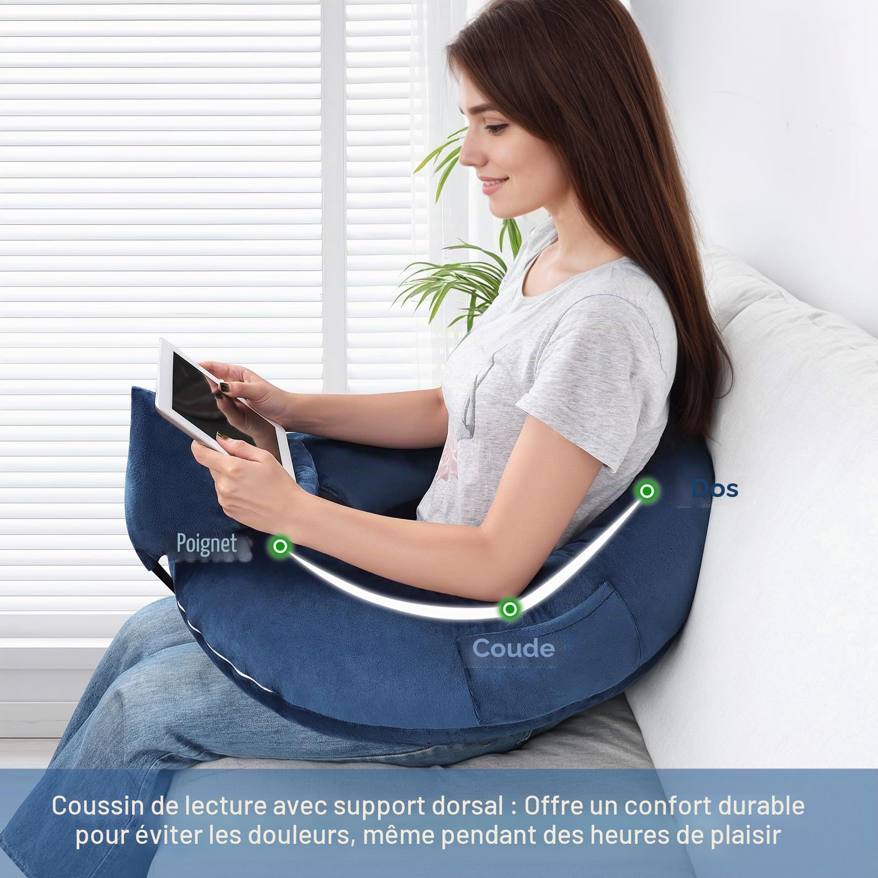 INFANZIA Coussin de lecture pour le jeu, coussin de soutien pour le bras, coussin de forme U pour les genoux avec poche latérale pour le lit et le canapé, coussin de jeu compact avec support pour
