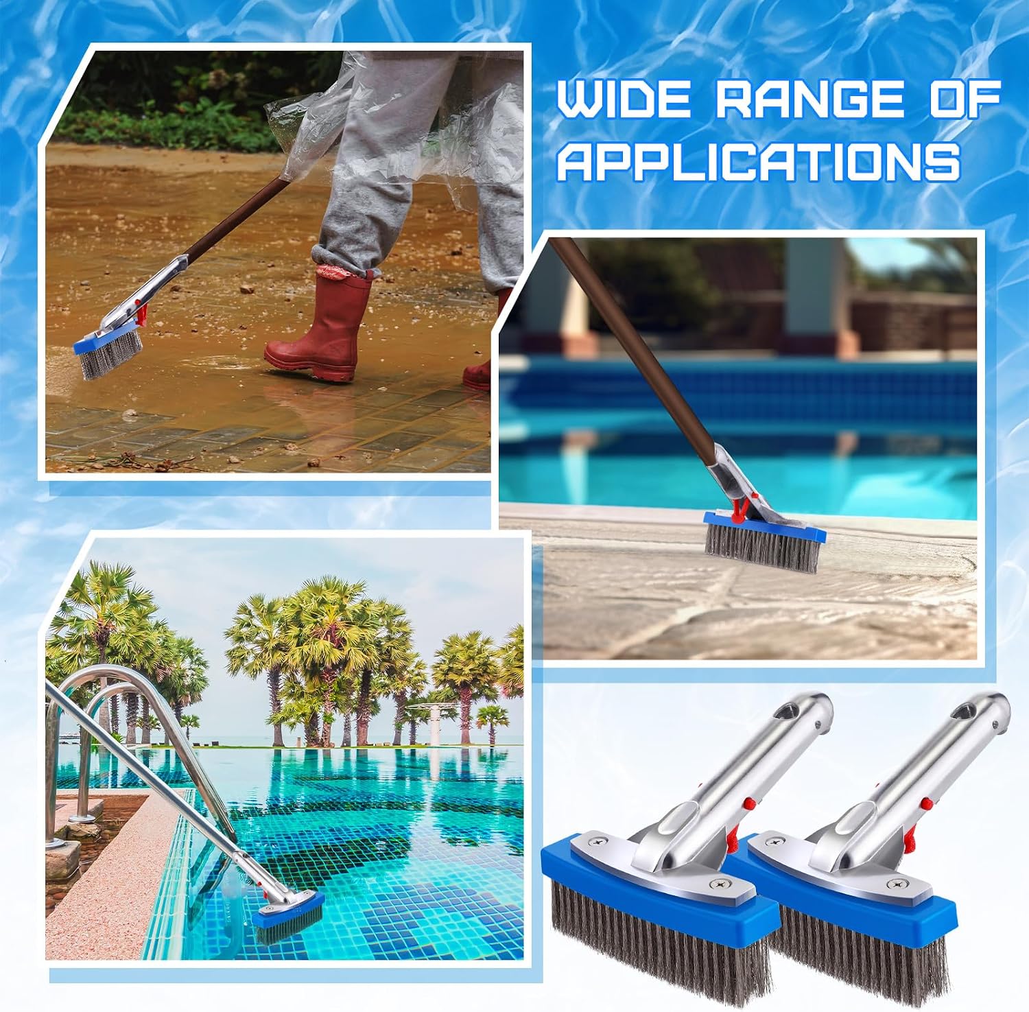 Gejoy 2 Pack 5" Stainless Steel Brush Pool Brush Head for Inground Pools, Algae Metal Wire Bristles and Aluminum Back Scrubber Heavy Duty Curved Ends for Tiles, Rust Stains on Concrete Walls