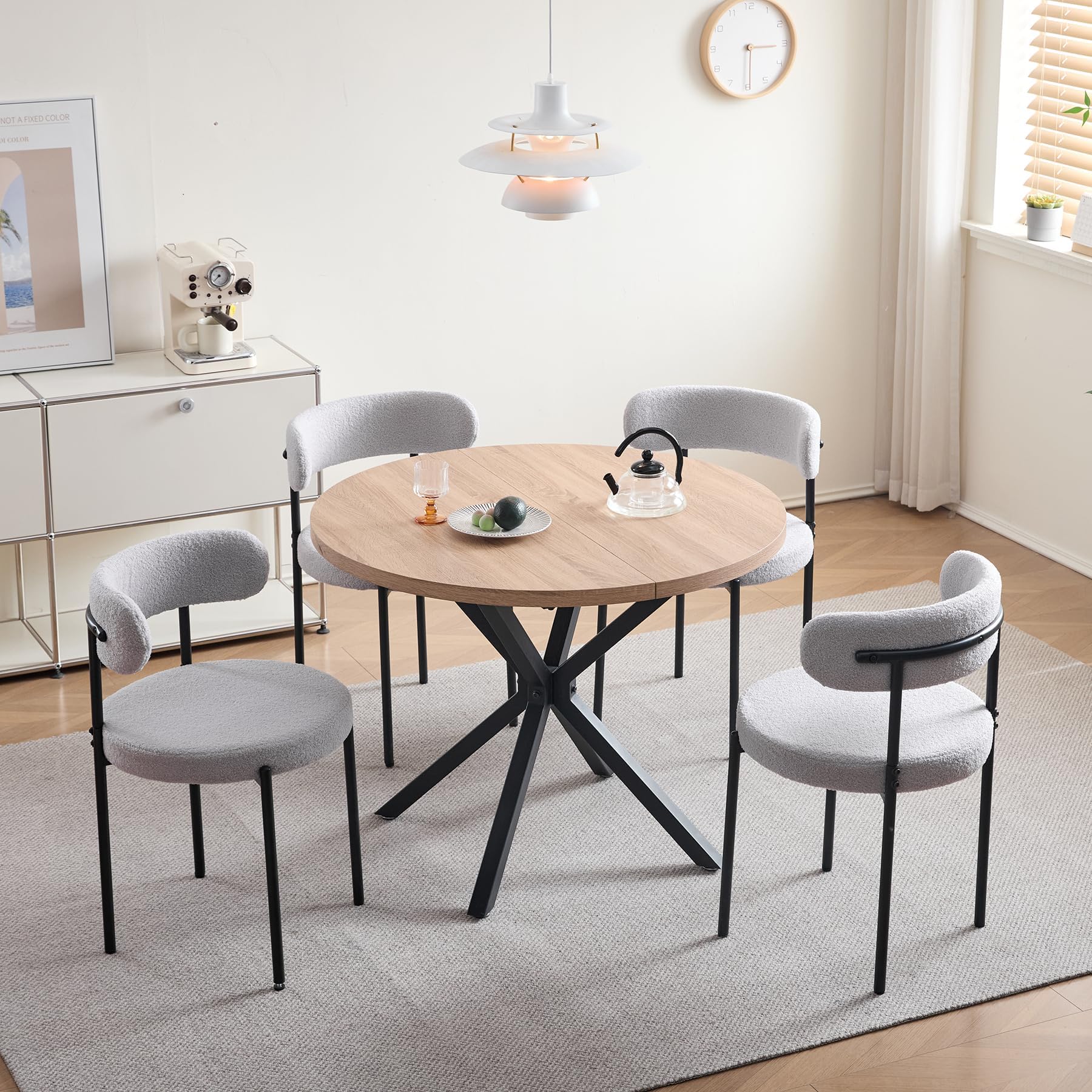 GrandCA HOME Set Tavolo e Sedie, Tavolo Rotondo da 100 cm + 4 Sedie Imbottite, Adatto per 4-6 Persone, (Marrone Chiaro e Grigio Chiaro)