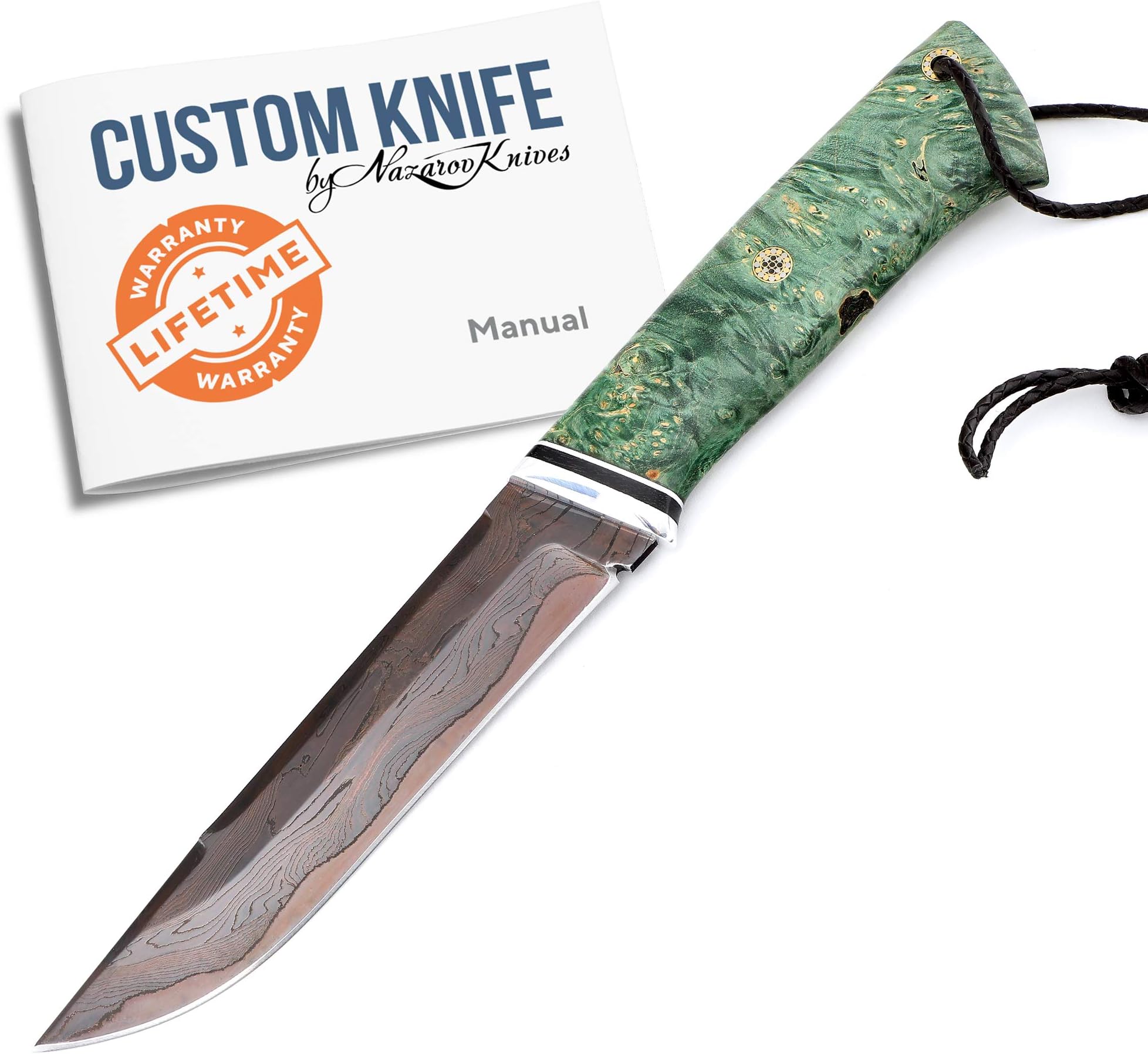 Nazarov Knives Custom Handforged Handmade Knife VEPR - Laminated Colorful Damascus Steel - Karelian Birch Handle - Leather Sheath