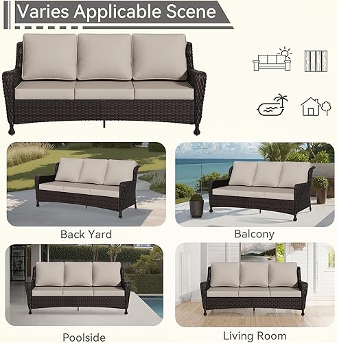 Miniatura 6 de Sofá de 3 plazas para exteriores, sofá de mimbre para patio, respaldo alto, cojines de asiento de 4 pulgadas, extraíble, reposabrazos ampliado, para