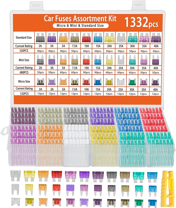 1332 Pcs Car Fuse Assortment Kit with Puller for Automotive, Car, Rv, Truck | 680PCS Mini Blade Fuses + 520 Standard Automotive Fuses + 132 Micro Fuse + Puller (2A 3A 5A 7.5A 10A 15A 20A 25A 30A 35A 40A)