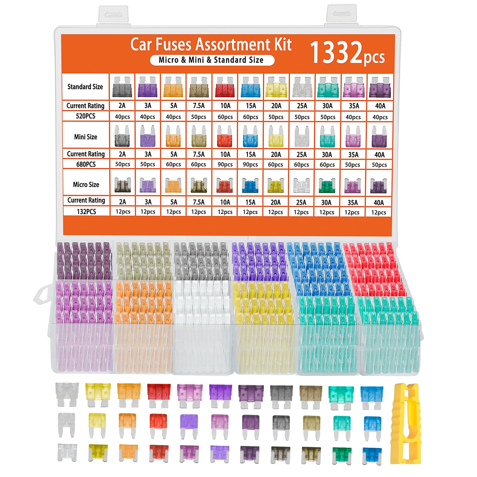 Kit surtido de 1322 fusibles de coche, 680 fusibles de hoja mini + 520 fusibles automotrices estándar + 132 micro + extractor, RV/Camper/Camper/Motocicleta/Yate Essentials (2A 3A 5A 7.5A 10A 15A 20A