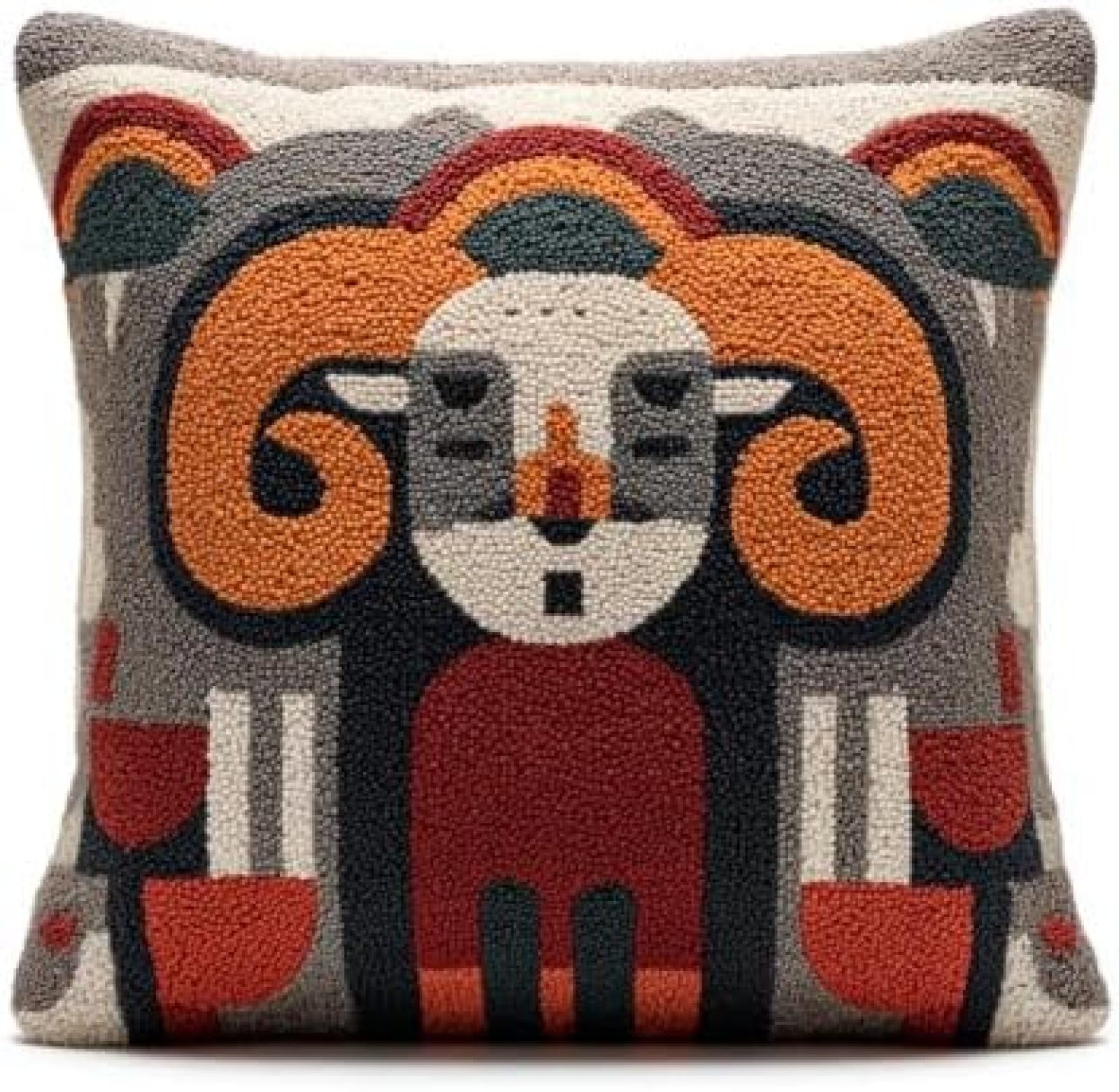 kitphoenix Beginner Latch Hook Cushion Cover Craft Kit,Bighorn Sheep Terracotta Geometric Patterns,DIY Pillow Cover Making Set with Pre-Cut Yarn and Hook,43x43 cm