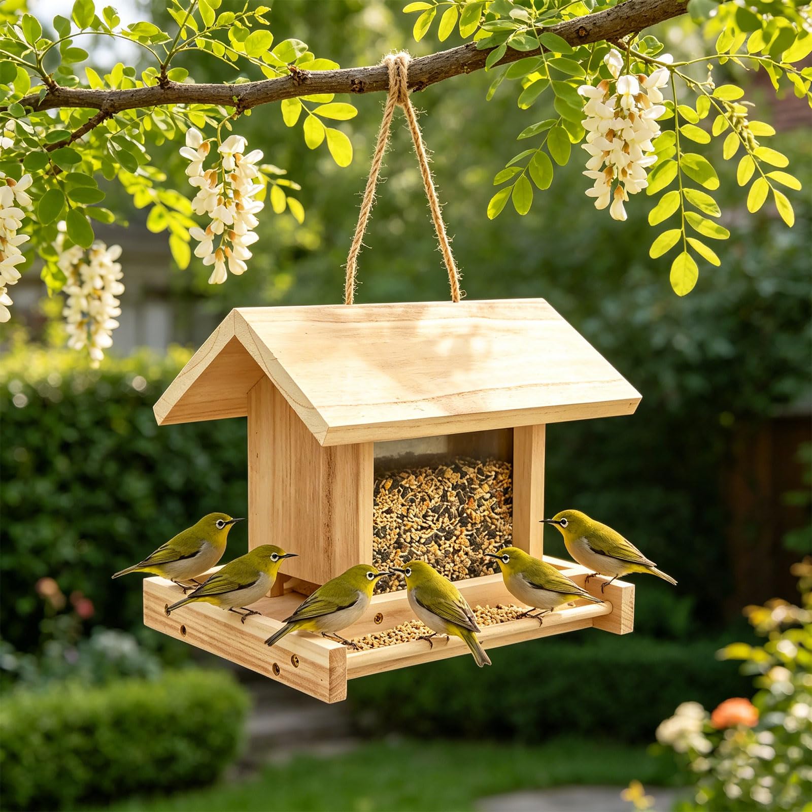 Vogelhaus aus Holz mit großem Fassungsvermögen und offenem Futterplatz und Schutzdach für den Außenbereich