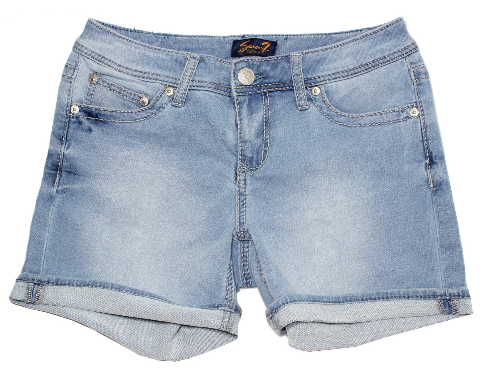 Seven7 Women's Cuffed 5 Inch Denim Short with Embroidered E Loop Pockets