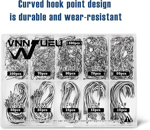 Miniatura 7 de Carbon Steel Fishing Hooks 500Pcs90Pcs, Circle Hooks Assortment for Saltwater Freshwater Ice Fishing, Salt Water Fish Hooks for Catfish Trout Bass