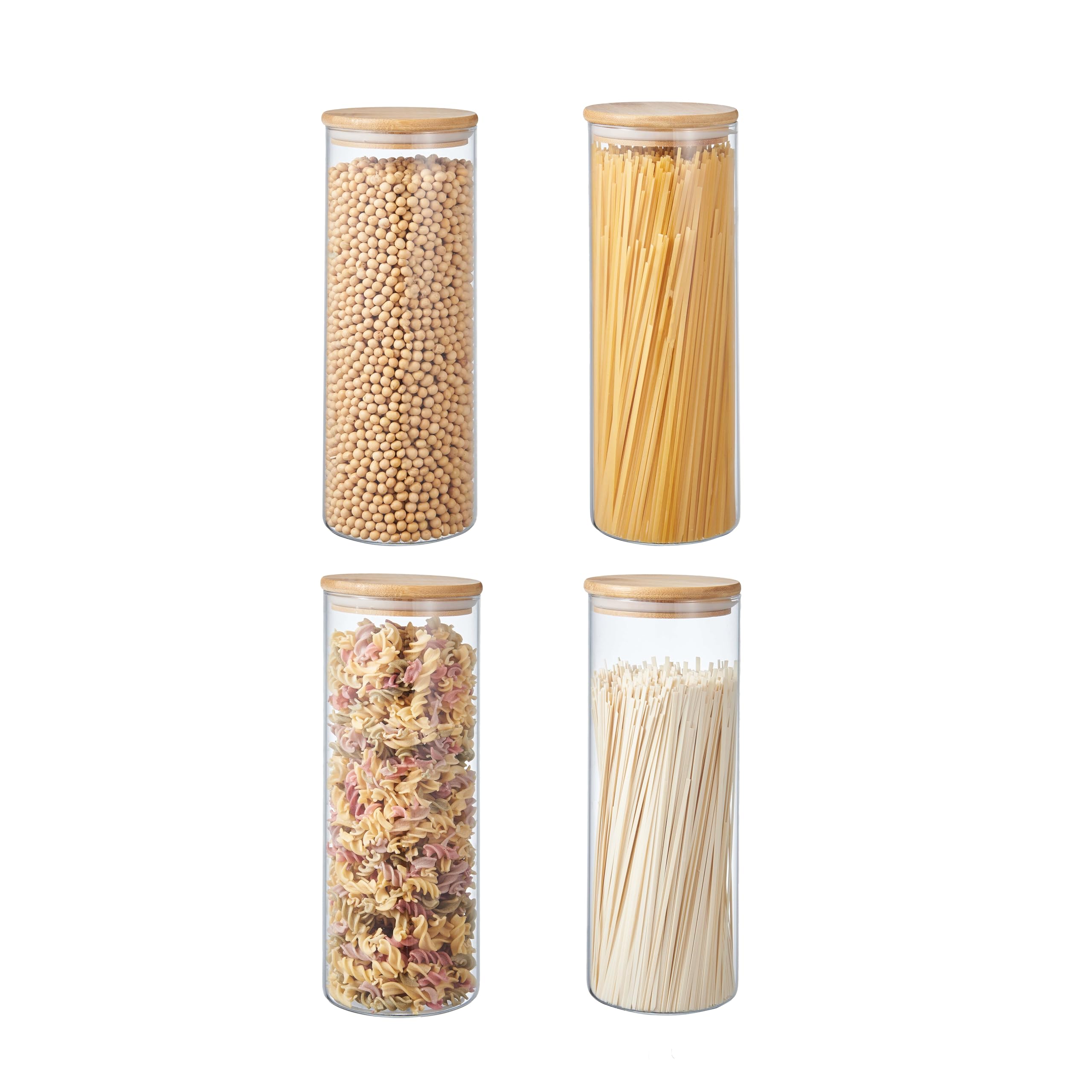 ORNAMI Airtight Glass Pantry Storage Canister Jar with Bamboo Lid | BPA-Free, Clear Kitchen Storage Jar (4 Pack, 1.8L)