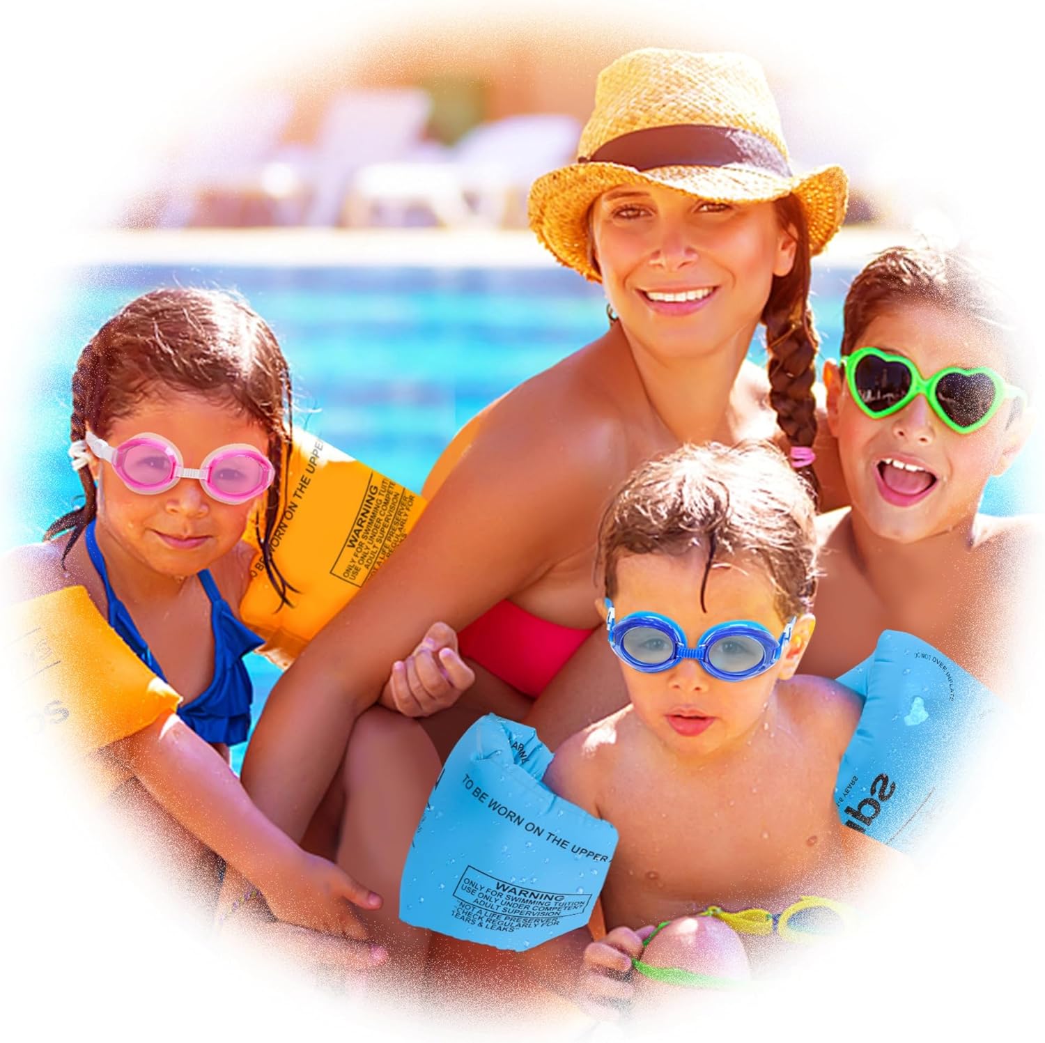 Arm Floaties for Kids 6-12yrs, PVC Arm Floaties Inflatable Swim Arm Bands Floater Sleeves Swimming Rings and Swimming Goggles Kids Floaties for Pool 6 Pack