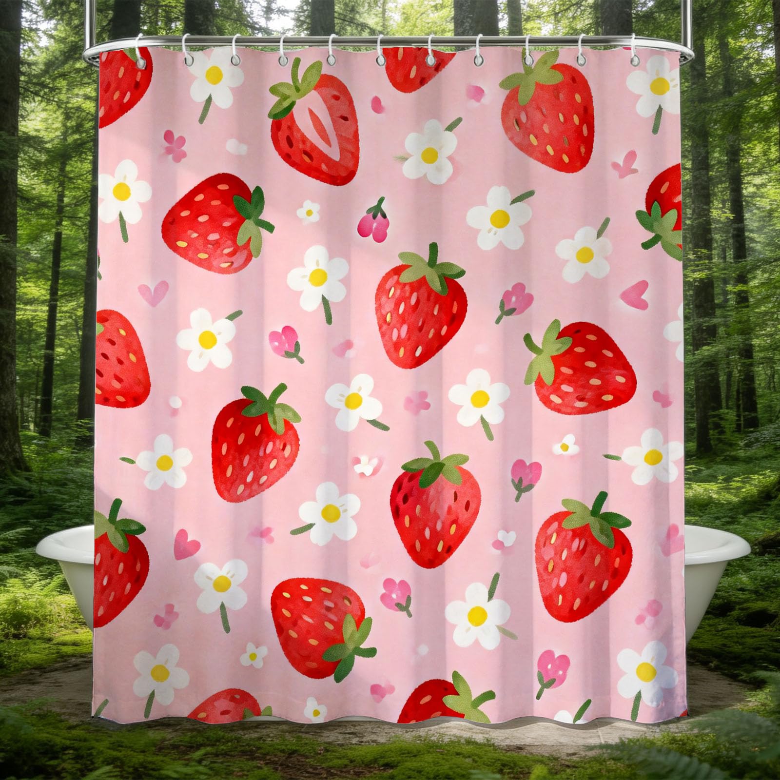 Hongduo 3D Strawberry Shower Curtain for Stalls Bathtubs Cartoon Bathroom Decor Shower Curtain Set Polyester Fabric Waterproof 120x180cm/48X71 Inch with Hooks