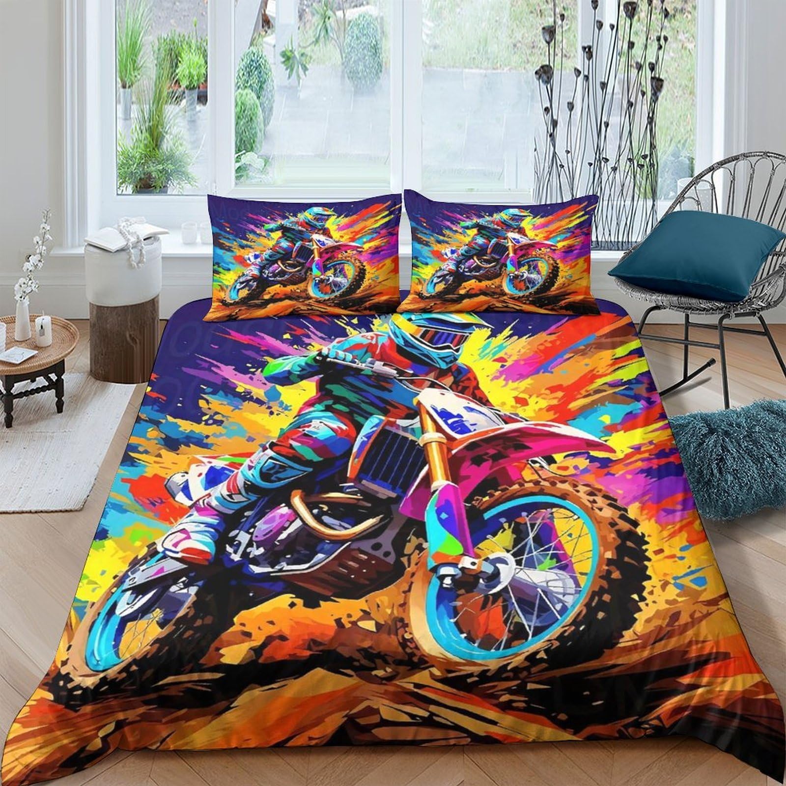 Housse de couette moto cross 3D parure de lit sport de passion pour chambre de garçon et ado