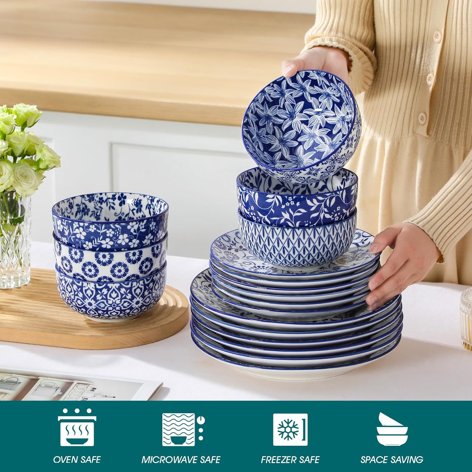 vancasso SELENE Plates and Bowls Set for 6, 18 Pieces Dinnerware Sets, Mircowave and Dishwasher Safe Dishes Set, Porcelain Blue Dinnerware - Image 3