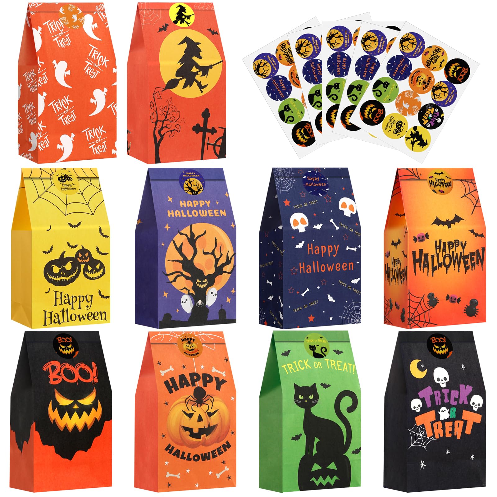 50pcs Halloween Treat Bags with 60pcs Stickers - Mini Paper Gift Bags for Trick or Treating & Party Supplies