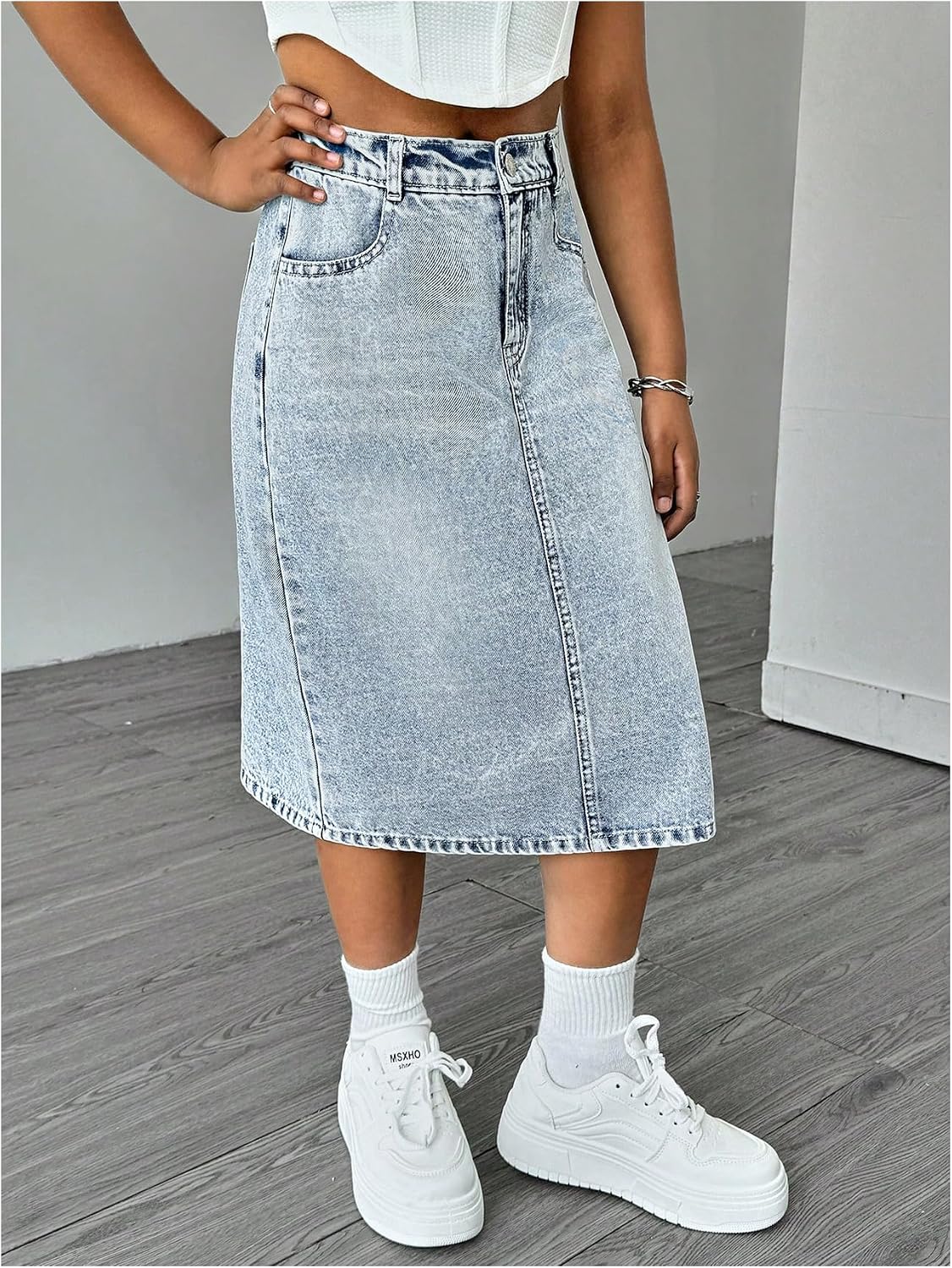 MakeMeChic Girl's Jean Skirt Elastic High Waisted Y2k Summer Cute Denim Midi Skirts with Pocket