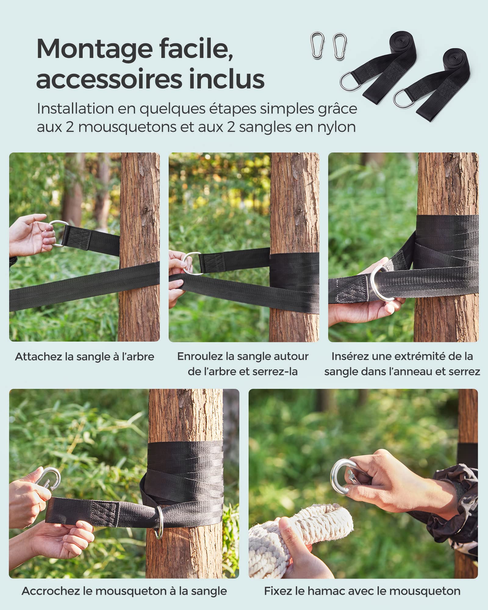 SONGMICS Hamac, 210 x 150 cm, Double Hamac, Capacité de Charge 300 kg, pour Jardin, Terrasse, Balcon, Extérieur, Camping, avec Sac de Transport, Sangles de Fixation et Mousquetons, Gris GDC15GY