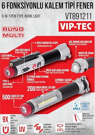 VIP-TEC VT891211 RUNO MULTI 6 Fonksiyonlu Alüminyum Kalem Tipi Fener 500 Lümen Üst Fener 200 Lümen Çalışma Işığı Lazer UV Modu Şişe Açacağı Cam Kırıcı Mıknatıs [Enerji Sınıfı A]