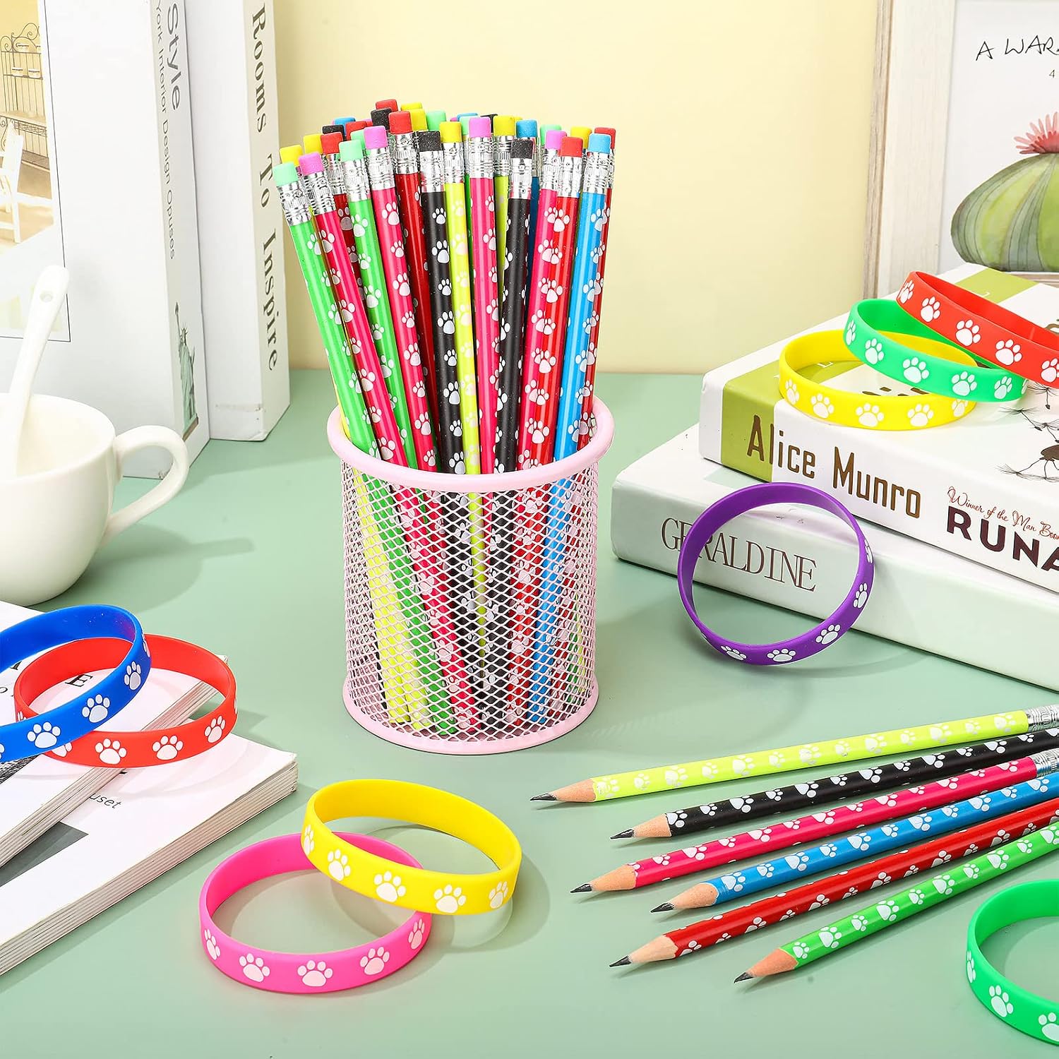 Harloon 240 Pcs Paw Print Rubber Bracelets Pencil Sets Back to School Gifts Bulk Multicolor Silicone Stretch Wristbands Wooden Paw Print Pencil Dog Pencils for Fun School Supplies and Reward Prizes