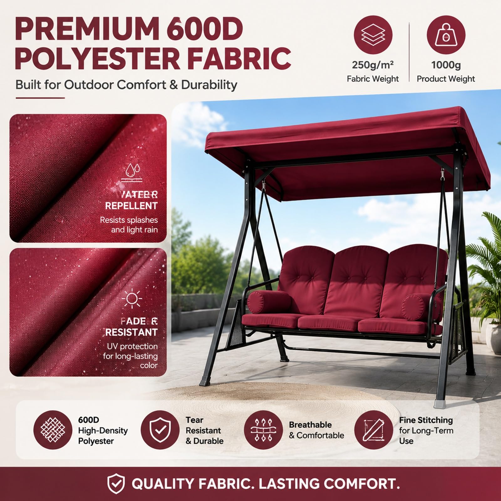 Tettuccio di ricambio per dondolo 3 posti impermeabile da giardino | Tessuto poliestere 600D 250g/m², resistente agli strappi, protezione solare, facile pulizia(Red,77.95*46.46*8.27*6.30in)