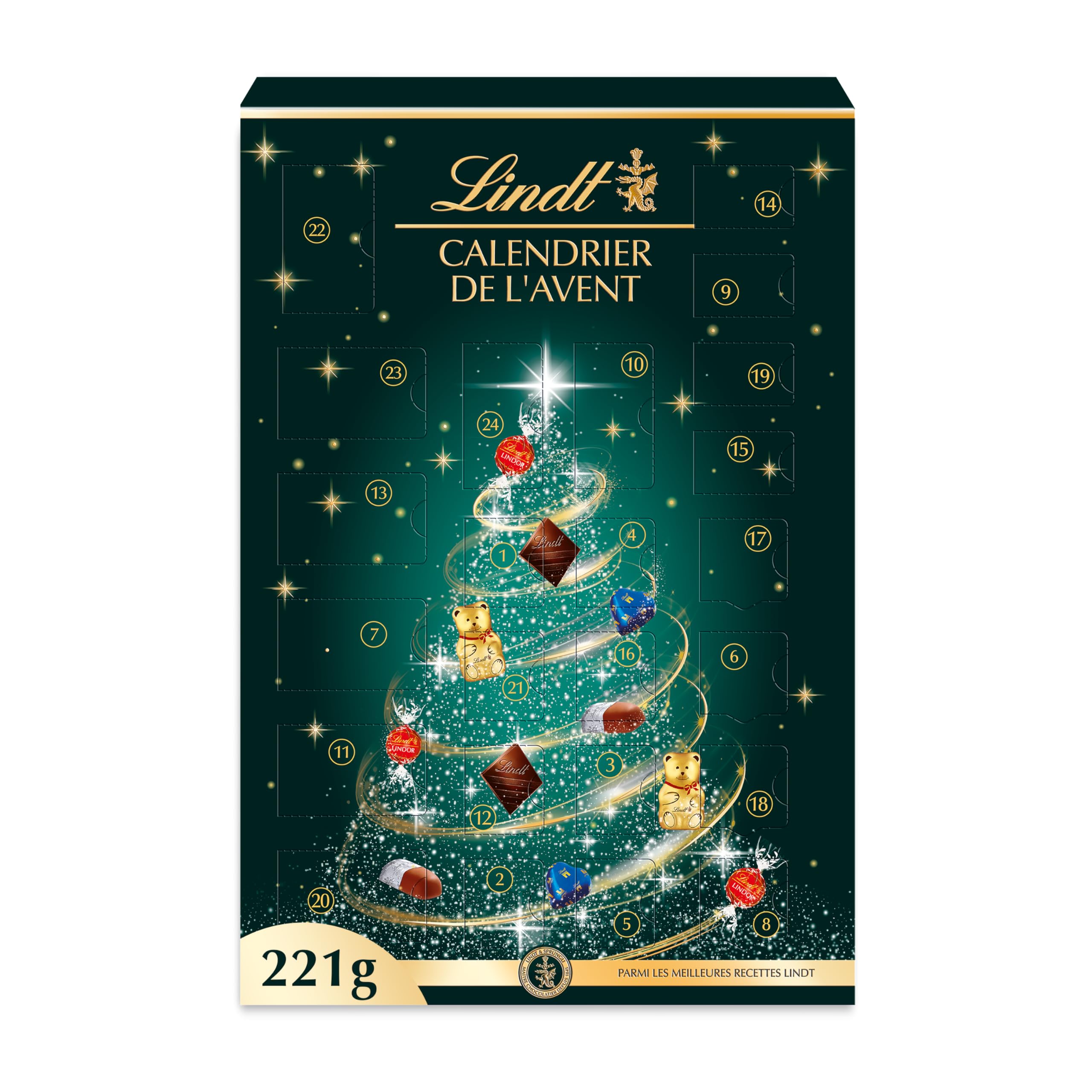 Lindt - Calendrier de l'Avent - Assortiment de Chocolats au Lait, Noirs et Blancs - Idéal pour Noël, 221g